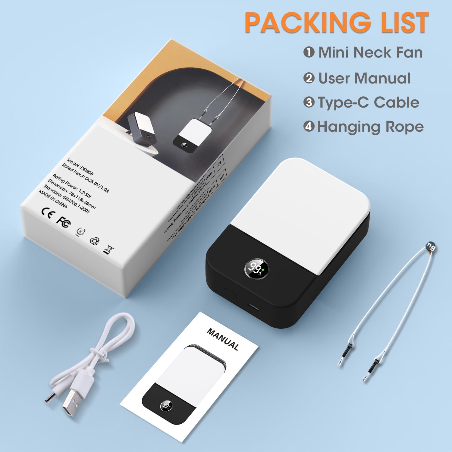 Mini Andwing neck fan with waist clip, rechargeable battery, and 3-speed settings for personal cooling