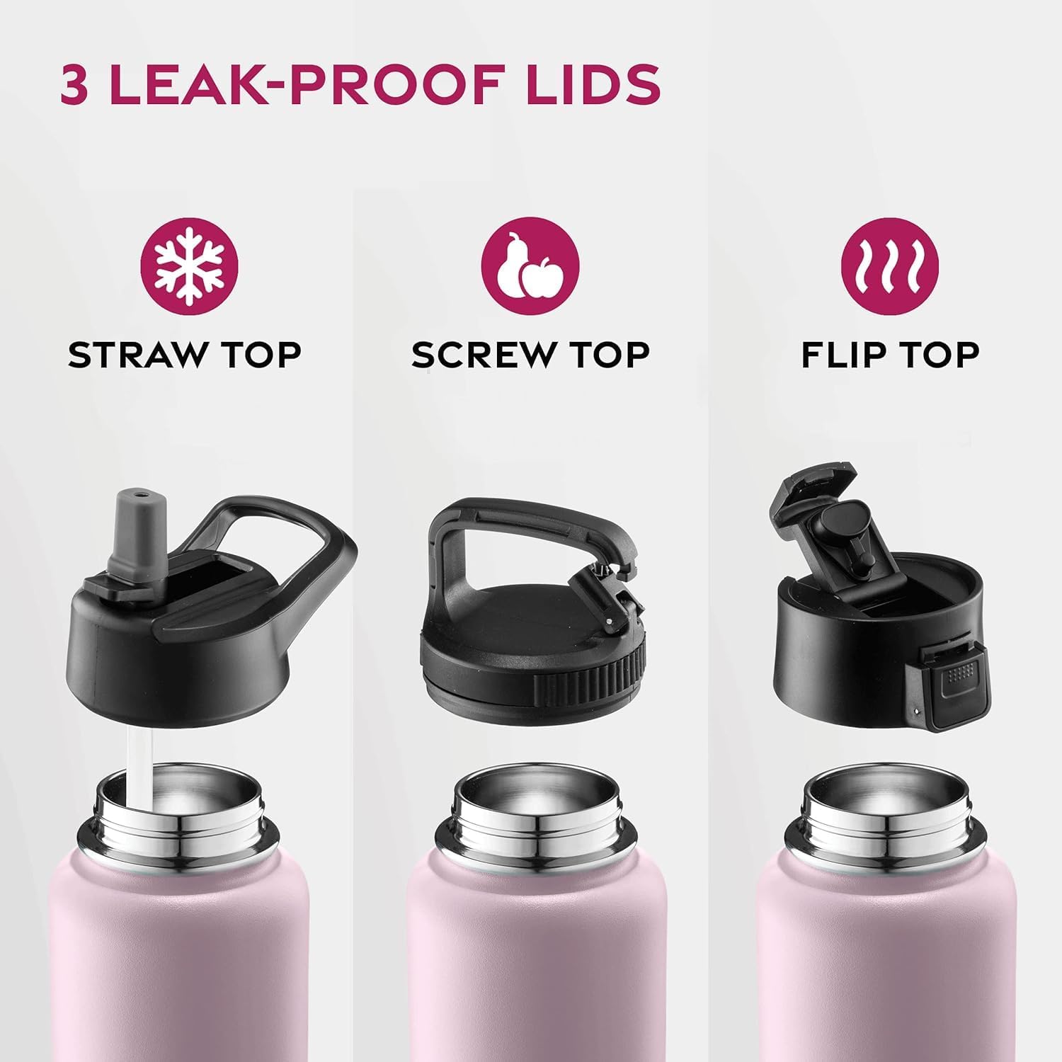 25 Oz Triple Walled, Insulated Water Bottles With Straw - Stainless Steel Metal Bottle W/ 3 Leak