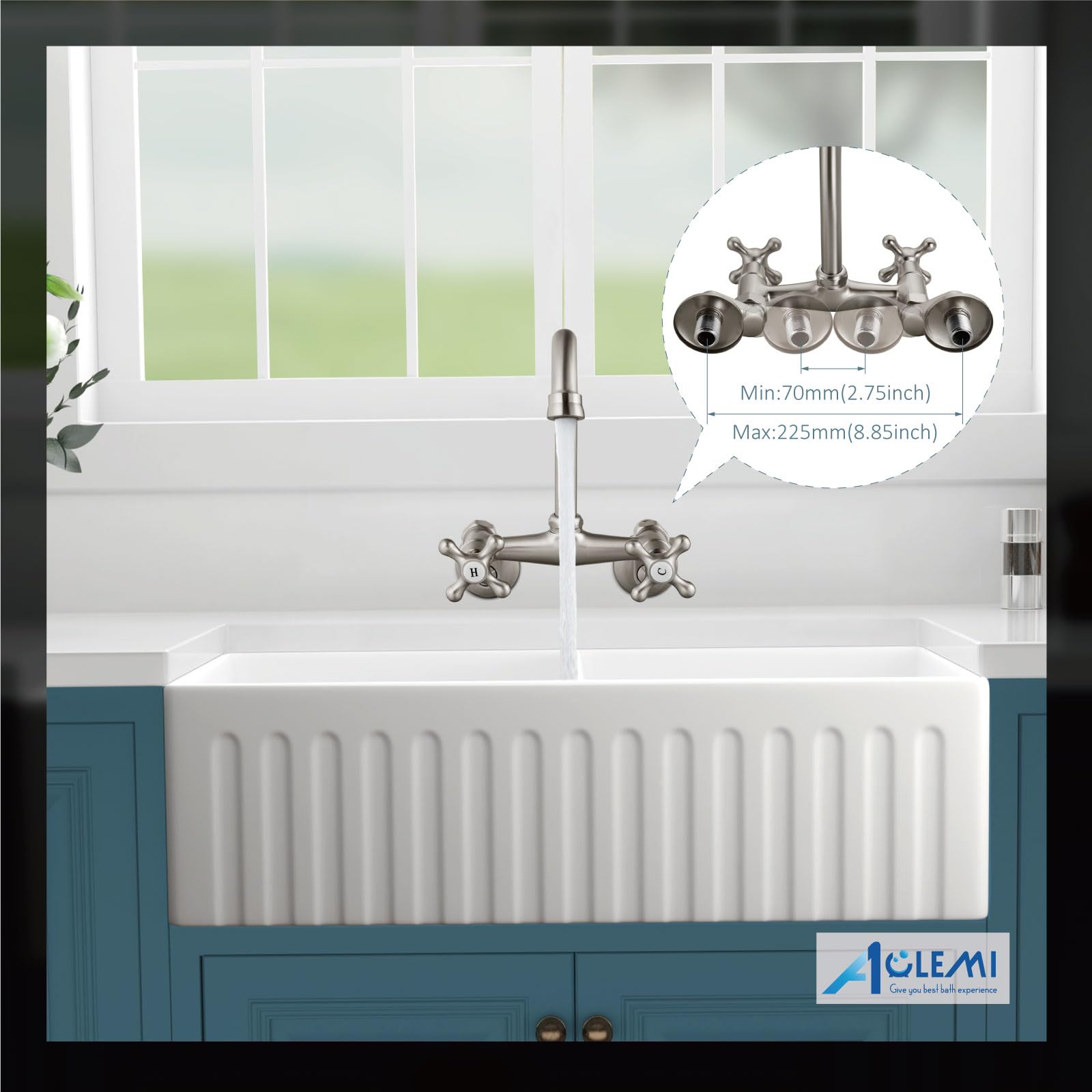 Aolemi Wall Mount Kitchen Faucet 6 Inch Center With Swivel Spout Adjustable Spread 2 Cross Handle Basin Sink Mixer Tap, Brushed Nickel, H&C Label