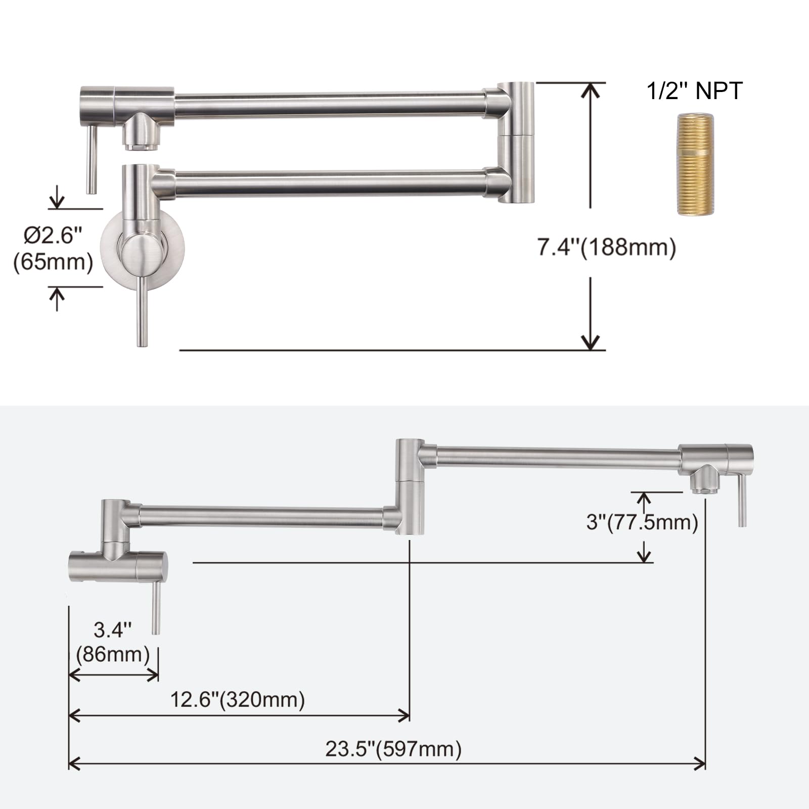 Aleasha Brass Made Pot Filler Faucets, Brushed Nickel Kitchen Sink Pot Filler, Wall Mount Folding Kitchen Pot Filler Faucet, Retractable Single Hole Pot Filler With Two Handles For Sink Stove