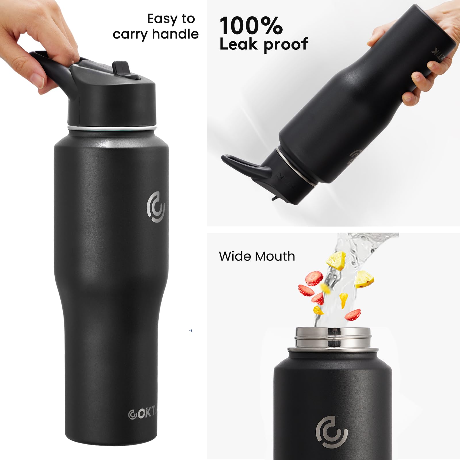 Coktik Water Bottle Insulated, 32Oz Water Bottles Straw Lid, Spout Lid, Cold For 36 Hrs