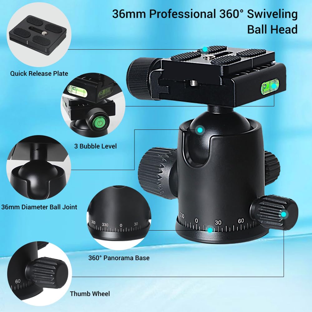 Jafuqaw 71" Camera Lightweight Foldable Aluminum Tripod & Monopod With 360° Ball Head Payload 33Lbs, Adjustable Height Professional Travel Tripod For Dslr Camera Shooting Smartphone