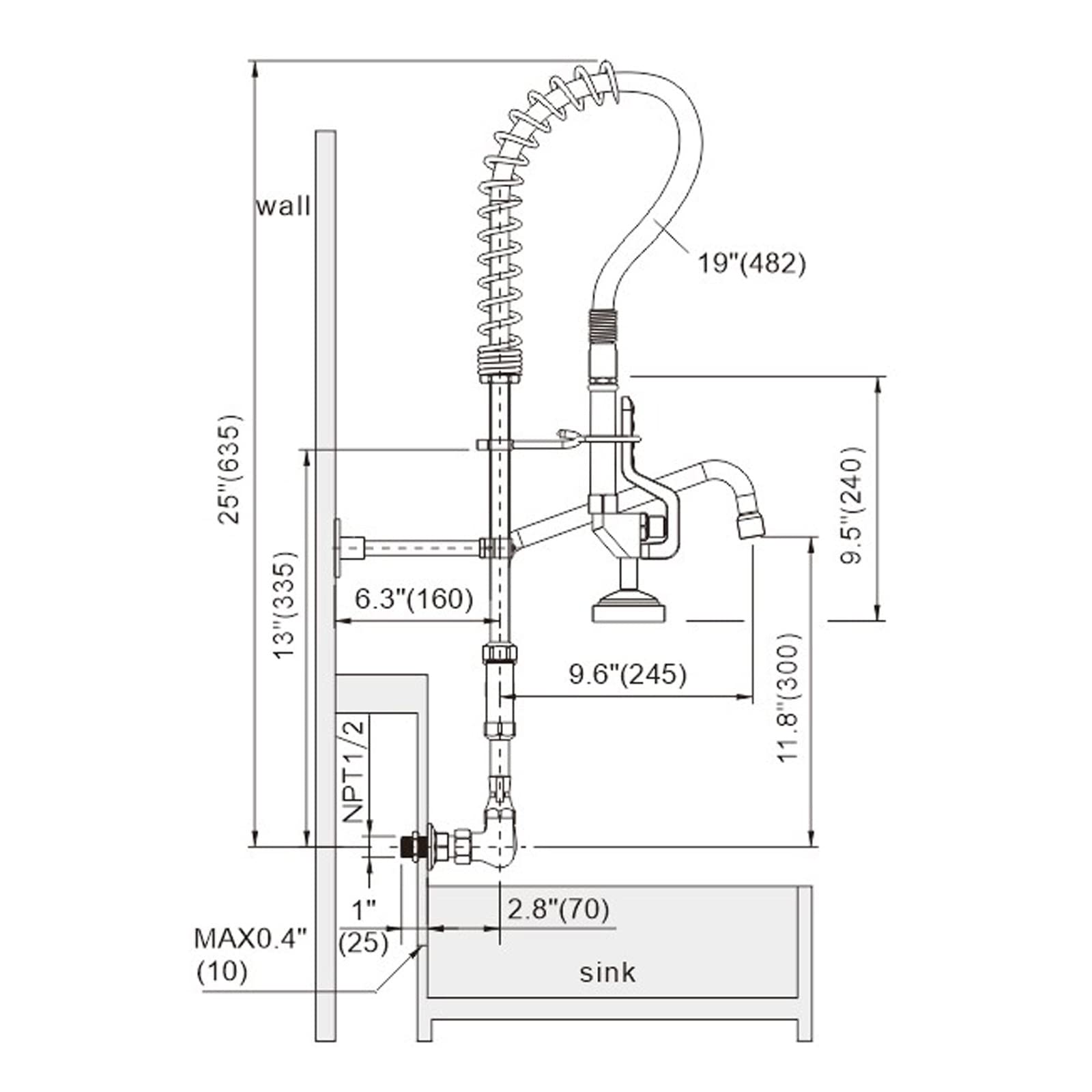 Iviga Commercial Kitchen Faucet Wall Mount With Pre-Rinse Sprayer 8 Inch Center Wall Mount Kitchen Sink Faucet With 9.6" Add-On Swing Spout 25" Height Faucet With Pull Down Spray