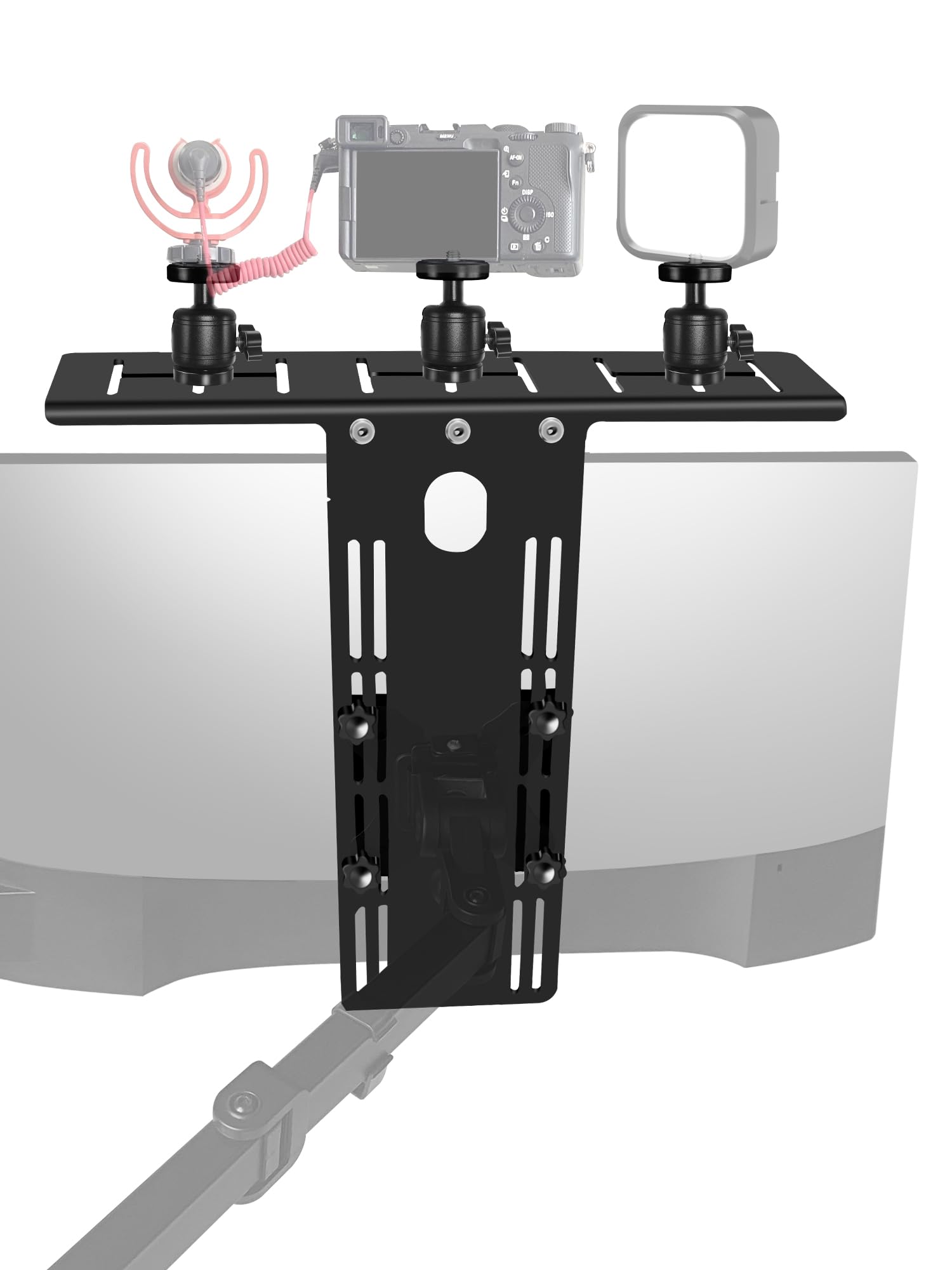 Borenbuir Dslr Monitor Top Shelf With 3 Ballhead For Vesa Arm, Camera Mount Clamp For Light, Webcam, Microphones, Height Adjustable, For Live Stream, Video Conferencing, Youtube, Tiktok