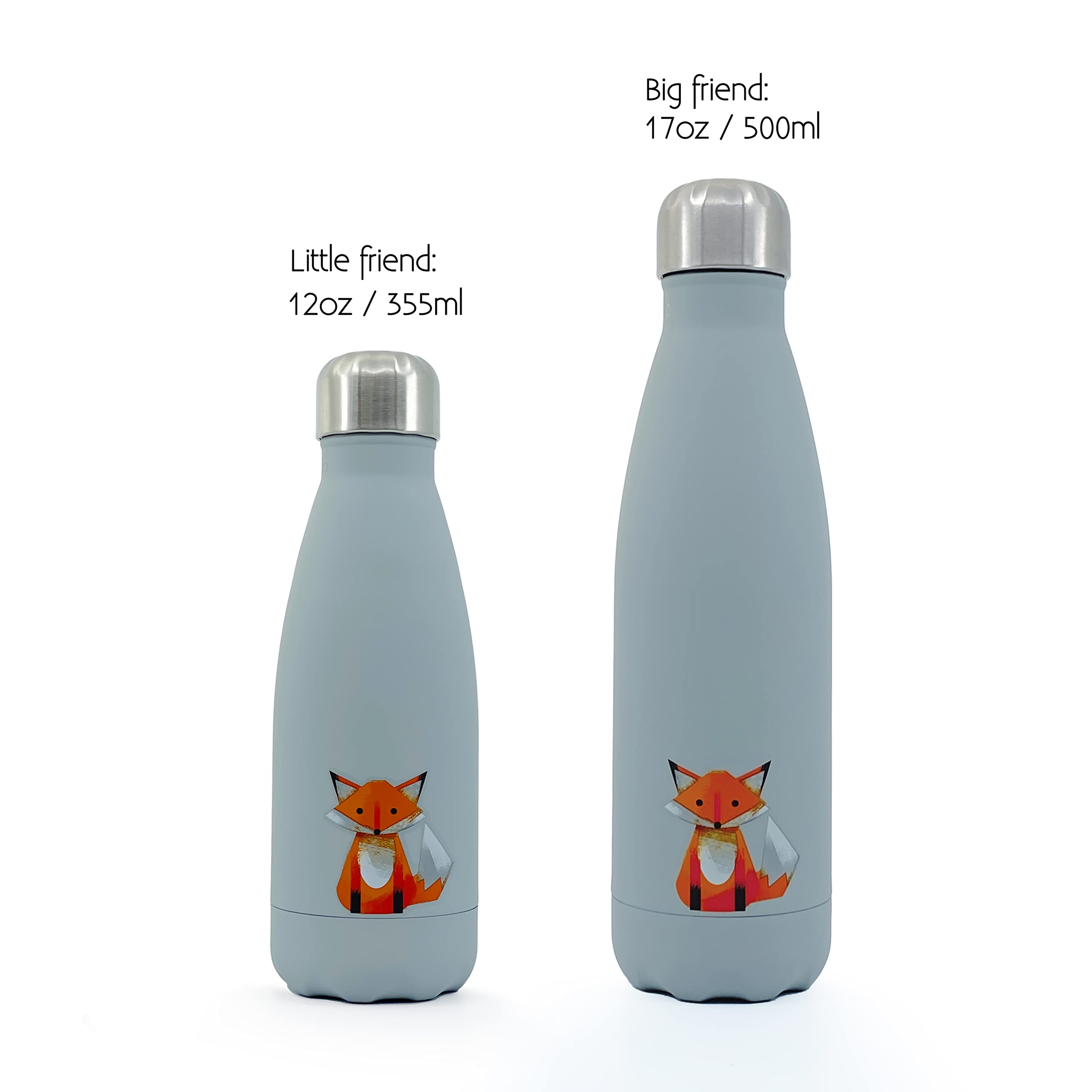Water Bottle With Cute Fox Design  Stainless Steel  Double Wall Insulated  Grey  12Oz