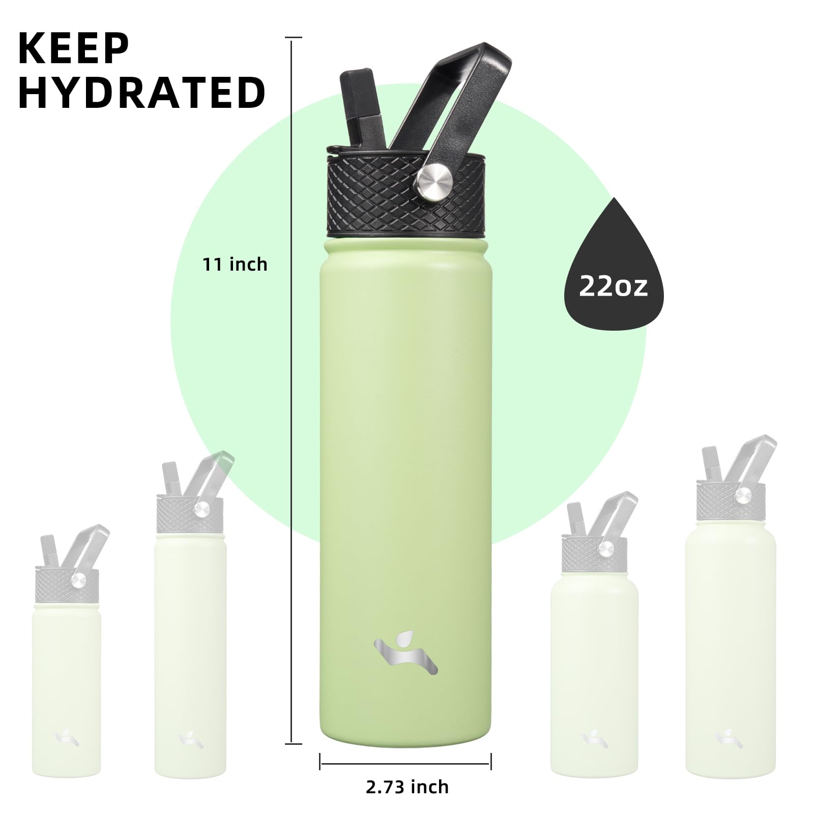 22Oz Stainless Steel Bottles With 3 Lids Sport Insulated Water Bottle,Macaron Green
