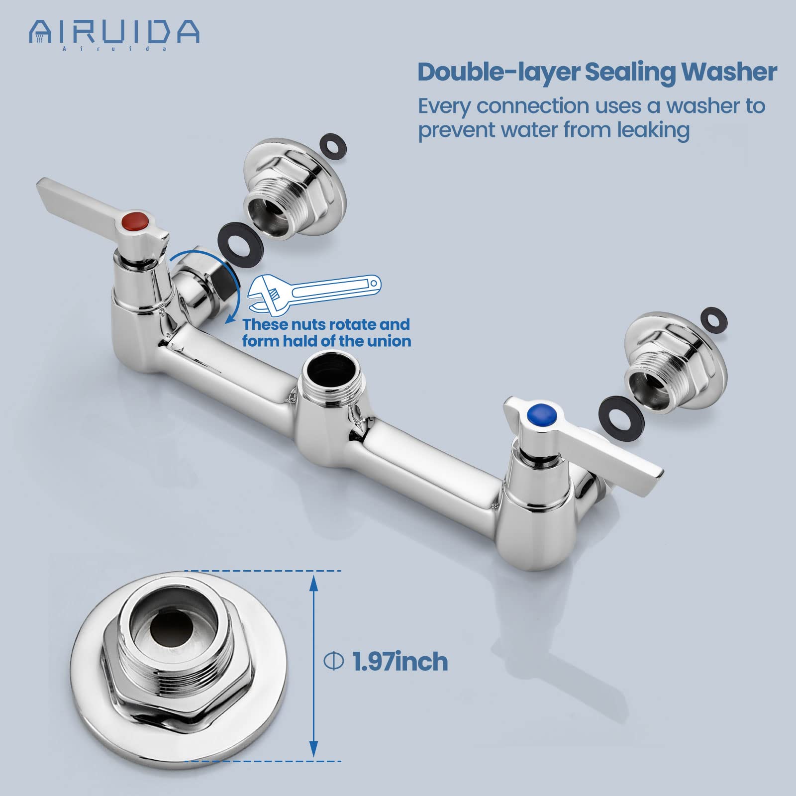 Airuida Wall Mount Kitchen Sink Faucet Wall Mounted Faucet 8 Inches Center Commercial Kink Tap 2 Handle Laundry Room Restaurant Compartment Sink Swivel Spout Without Adapters Chrome Polish