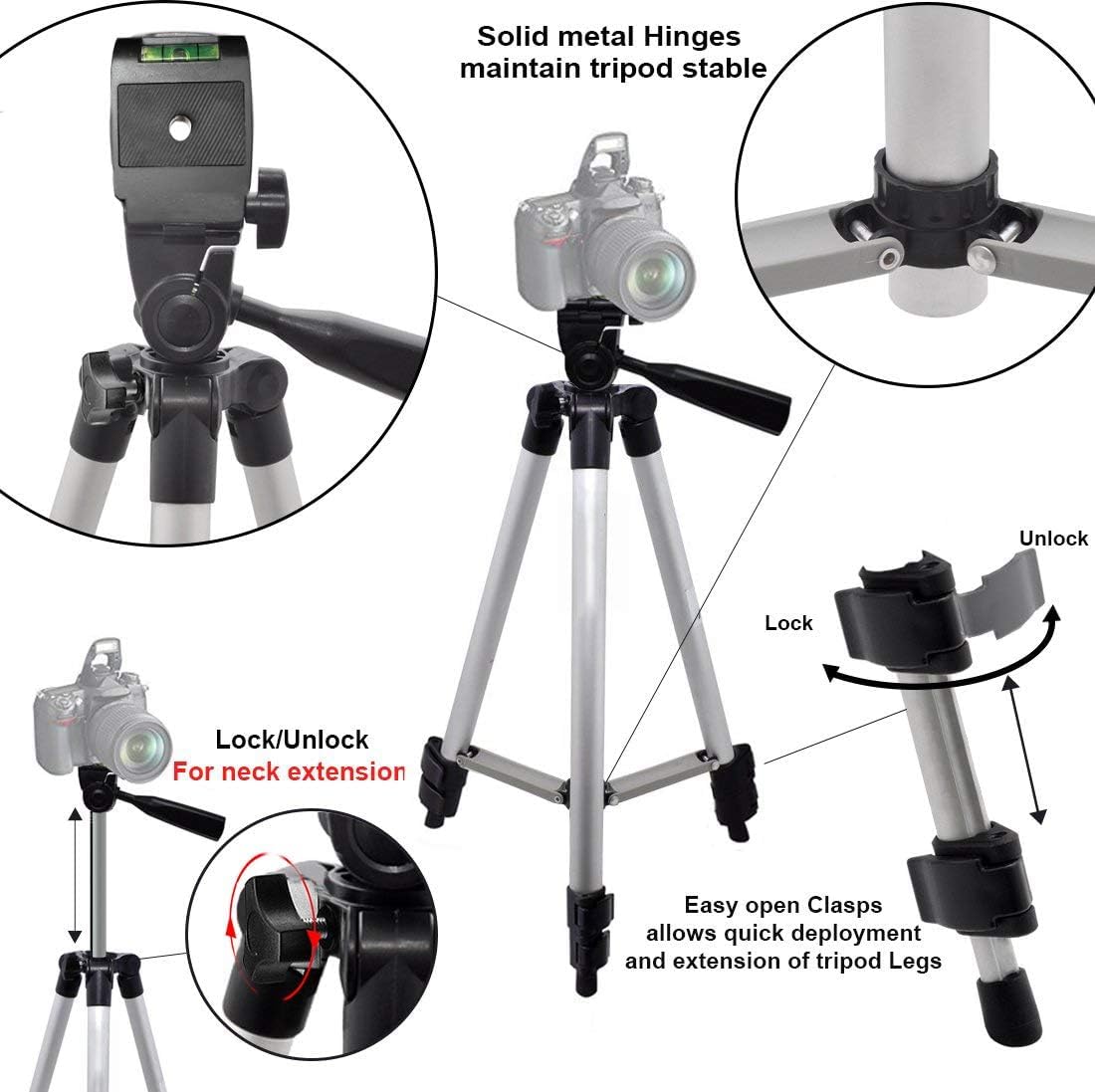 Kliomax Lightweight Portable Camera Tripod Stand With Carrying Bag For Sony, Nikon, Canon, Olympus, Pentax, Panasonic, Samsung Cameras And Camcorders (50")