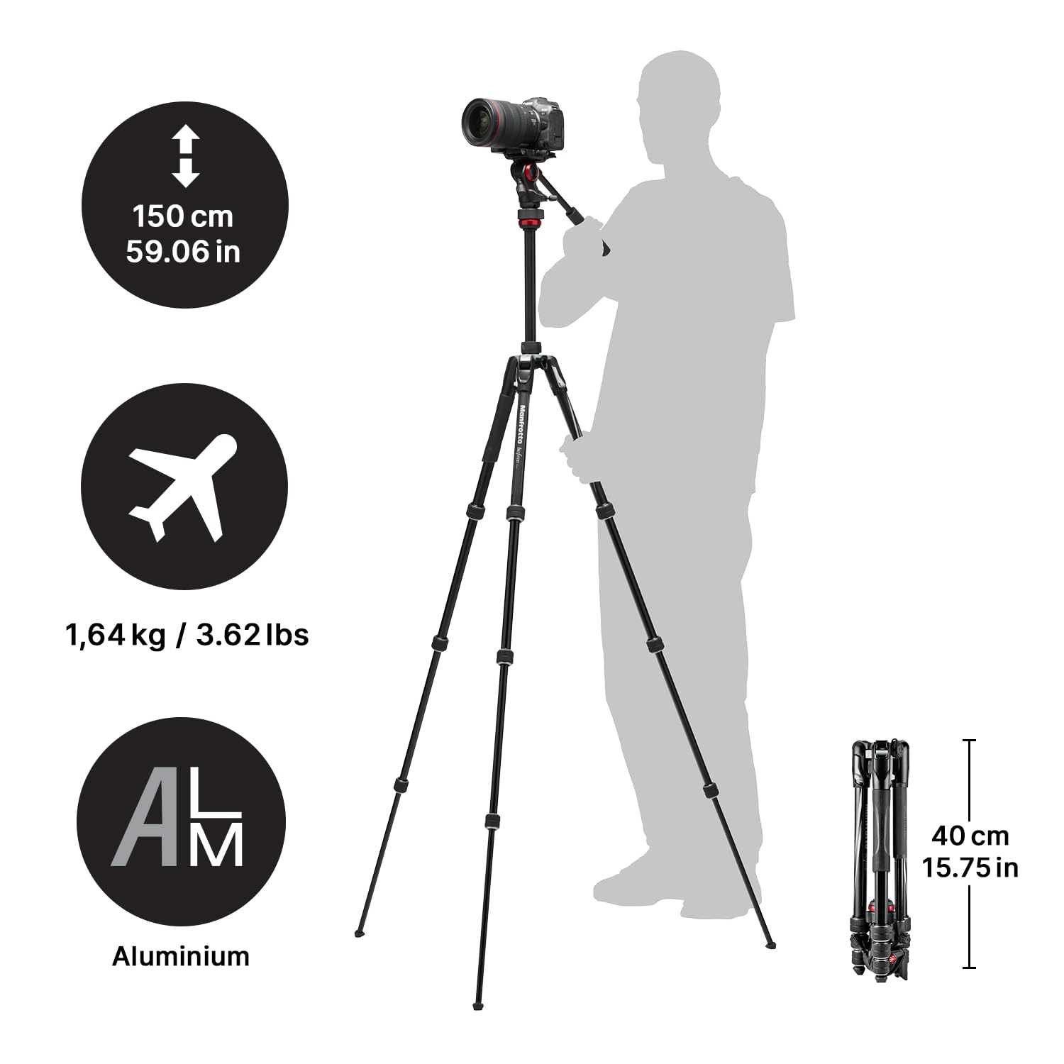 Manfrotto Be Live 4-Section Aluminum Compact Travel Video Tripod With Fluid Head, Black/Silver
