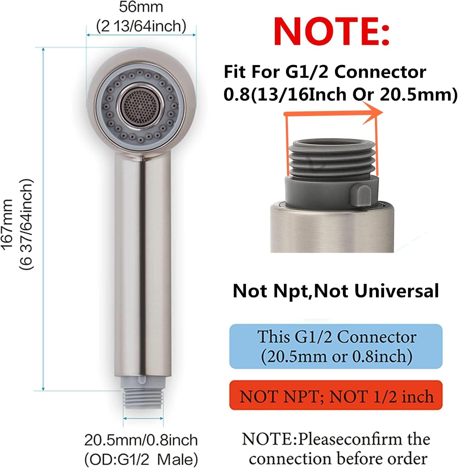 Quan Hua Kitchen Faucet Head Replacement,G1/2 Or 13/16Inch Pull Out Sprayer Head For Kitchen Sink 2-Function Faucet Spray Head Replacement Parts Brushed Nickel