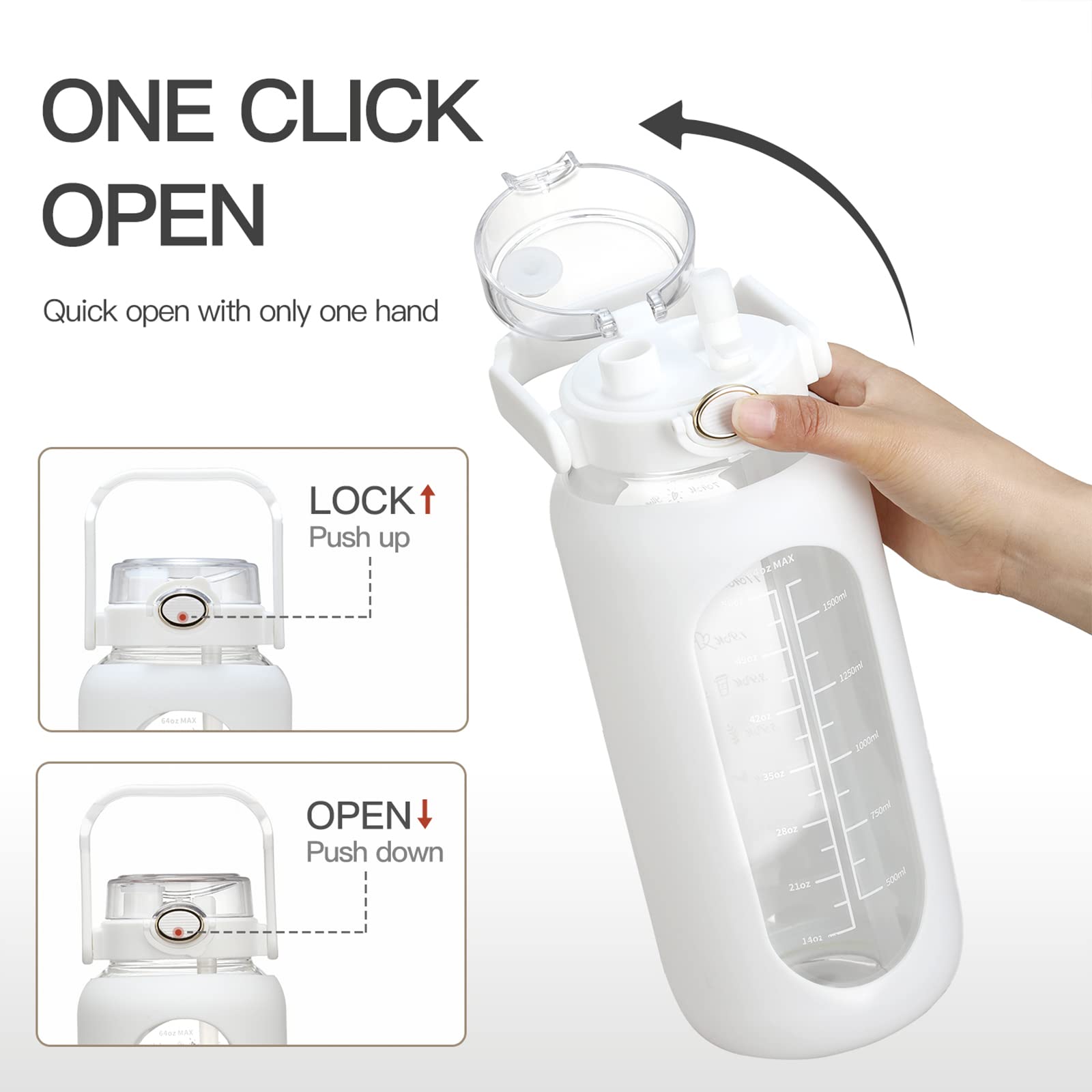 64Oz Glass Water Bolttles With Straw Half Gallon Large Motivational Water Bottle With Time Marker