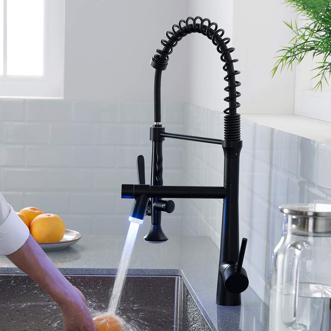 Aimadi Black Kitchen Faucet With Sprayer,Commercial Faucet Kitchen Single Handle Spring Pull Down Kitchen Sink Faucet With Led Light,Matte Black