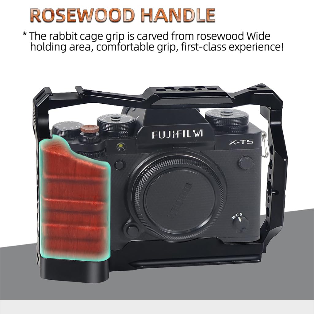 Novelgoal Xt5 Camera Cage Wooden Grip Video Protective Feame With Cold Shoe Mount Handle 1/4 3/8 Qr Plate Compatible With Fuji Xt-5 (With Top Handle)