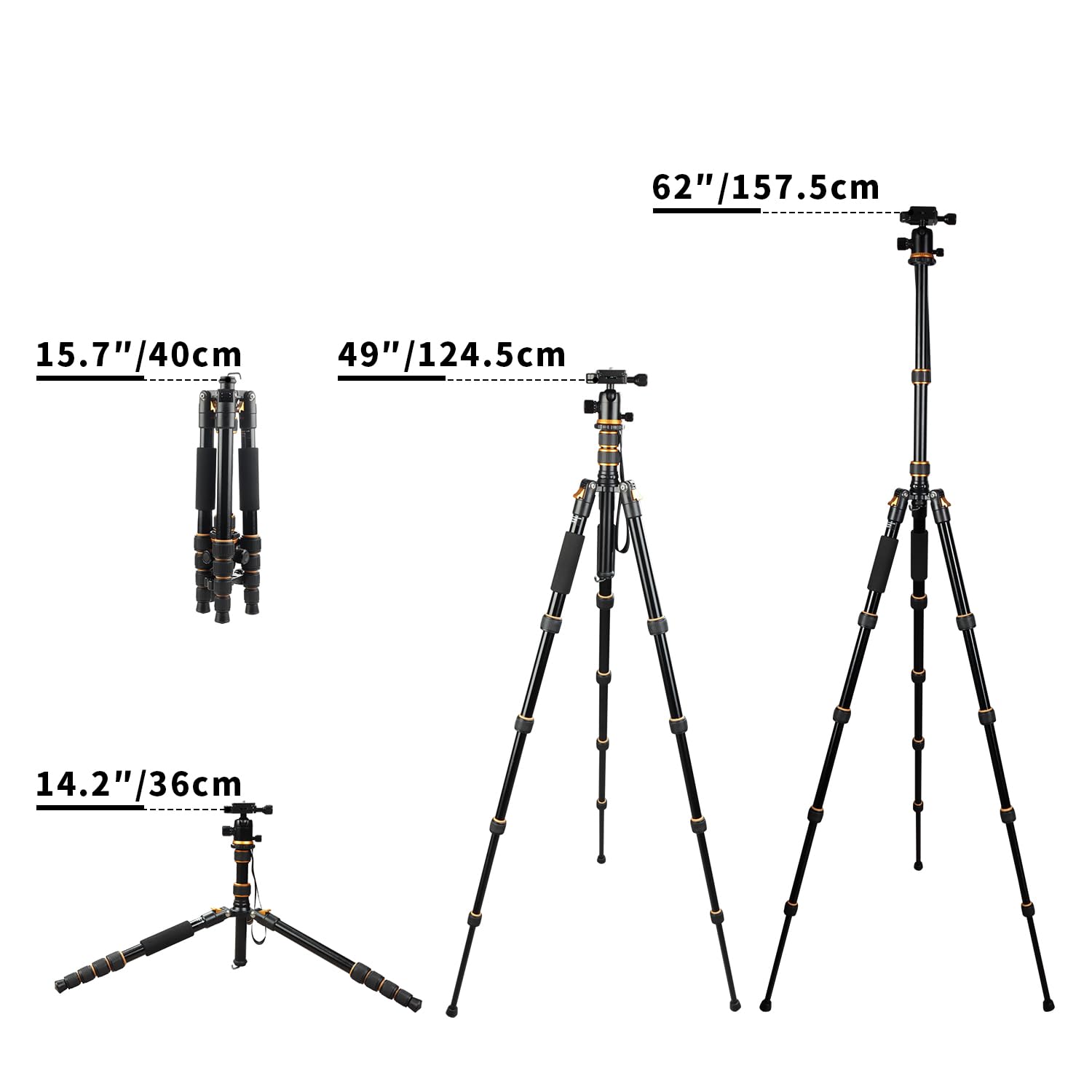 Minicor Tripod For Camera, 63" Aluminum Tripod For Dslr Camera With Ball Head And Quick Release Plate And Bag, Detachable Monopod For Camcorder, Load Up To 8Kg/17.63Lbs,Gold