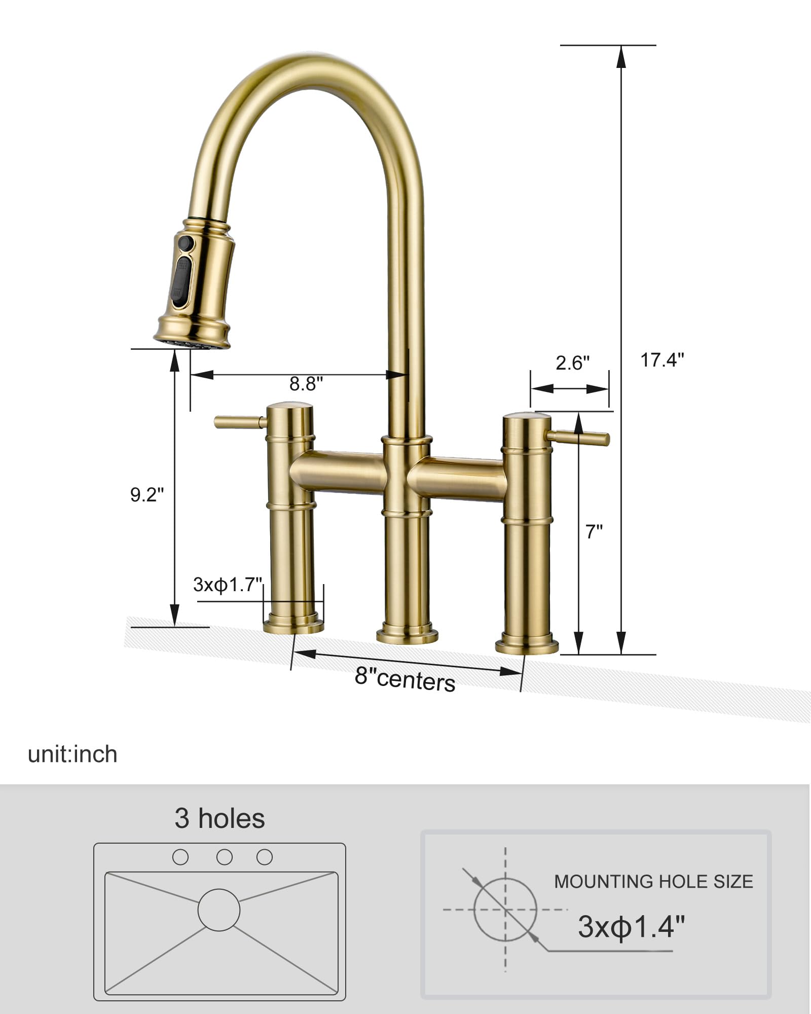 Iviga Bridge Faucet For Kitchen Sink: Gold Farmhouse 3 Hole Kitchen Faucet With Pull Down Sprayer (3 Spray Modes) - 2 Handle High Arc Brass Faucet With 360° Swivel, With Supply Lines