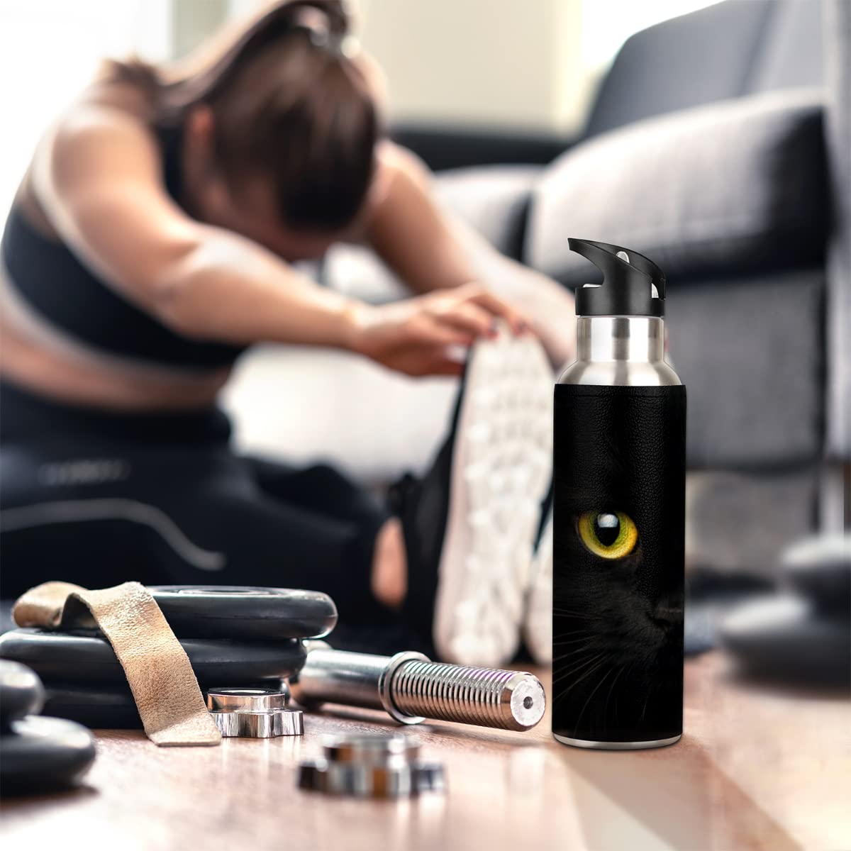 Insulated Stainless Steel Water Bottle With Straw 20Oz Cute Black Animal Cat Sports Water Bottles