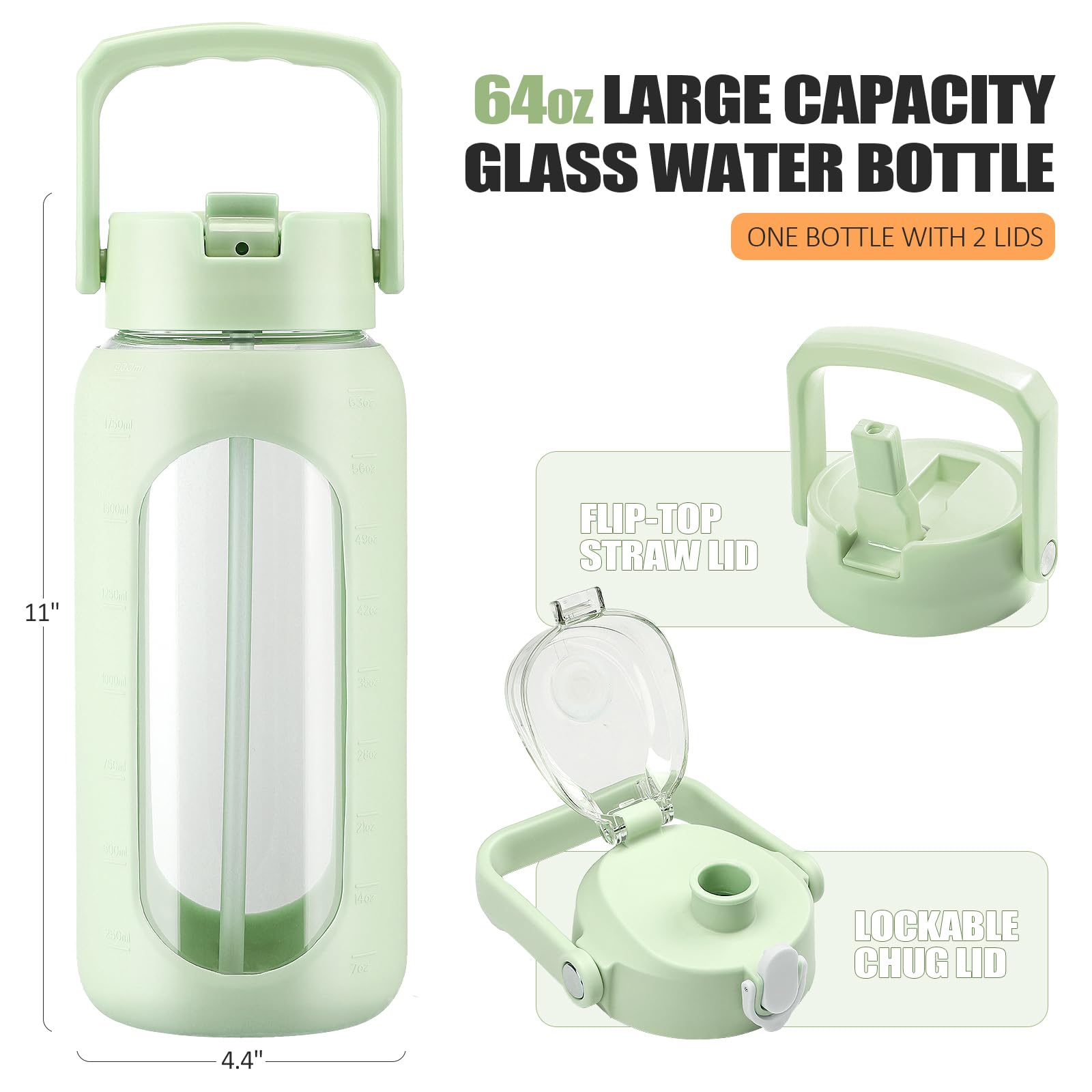 Bluego 64Oz Glass Water Bottles With 2 Lids Flip Lid And Spout Lid Half Gallon Water Bottle