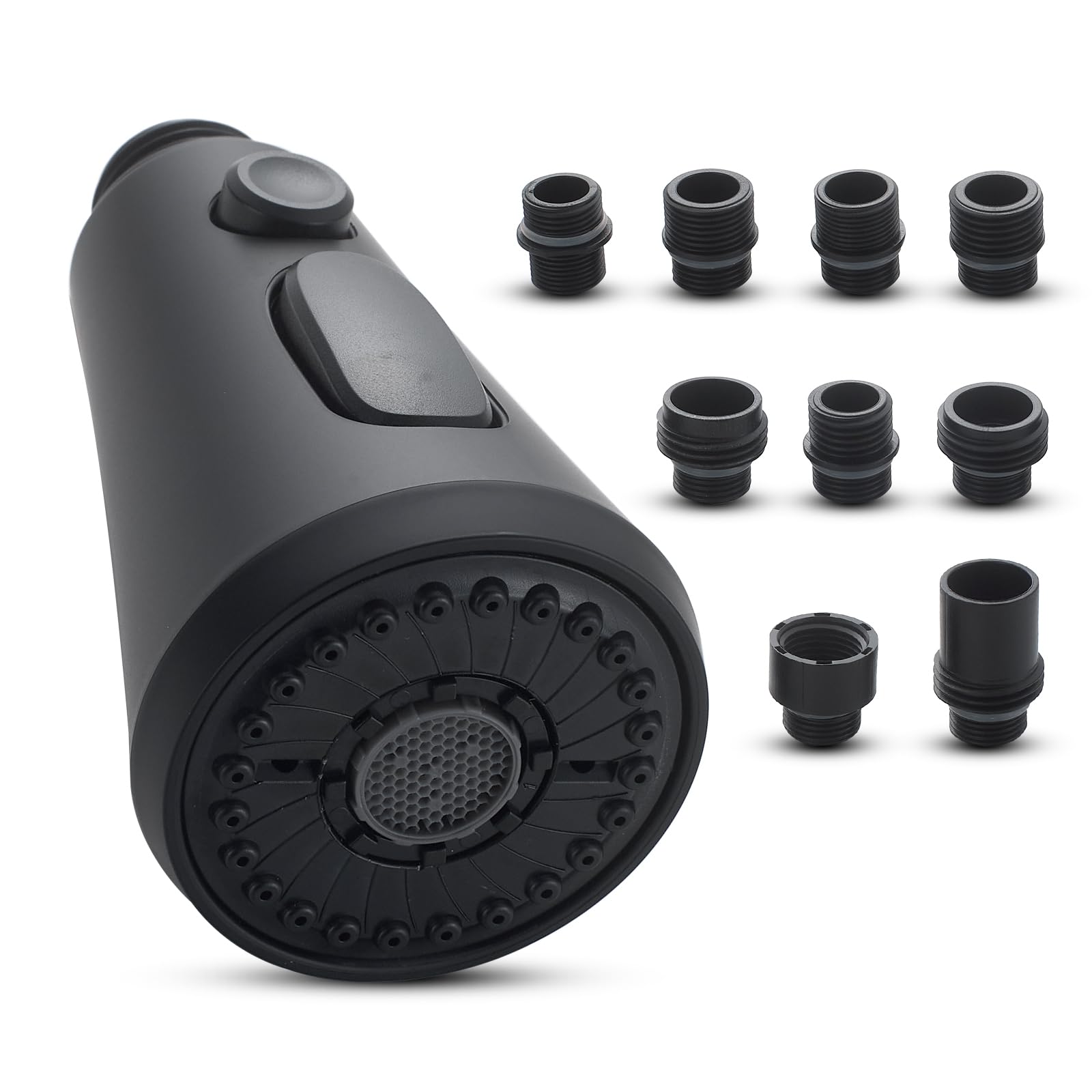 Qaoyede Pull Down Kitchen Faucet Head Replacement Parts,Sprayer Nozzle With 9 Adapters For Kitchen Sink Faucet, Stream Spray And Dual Waterfall Modes, Black