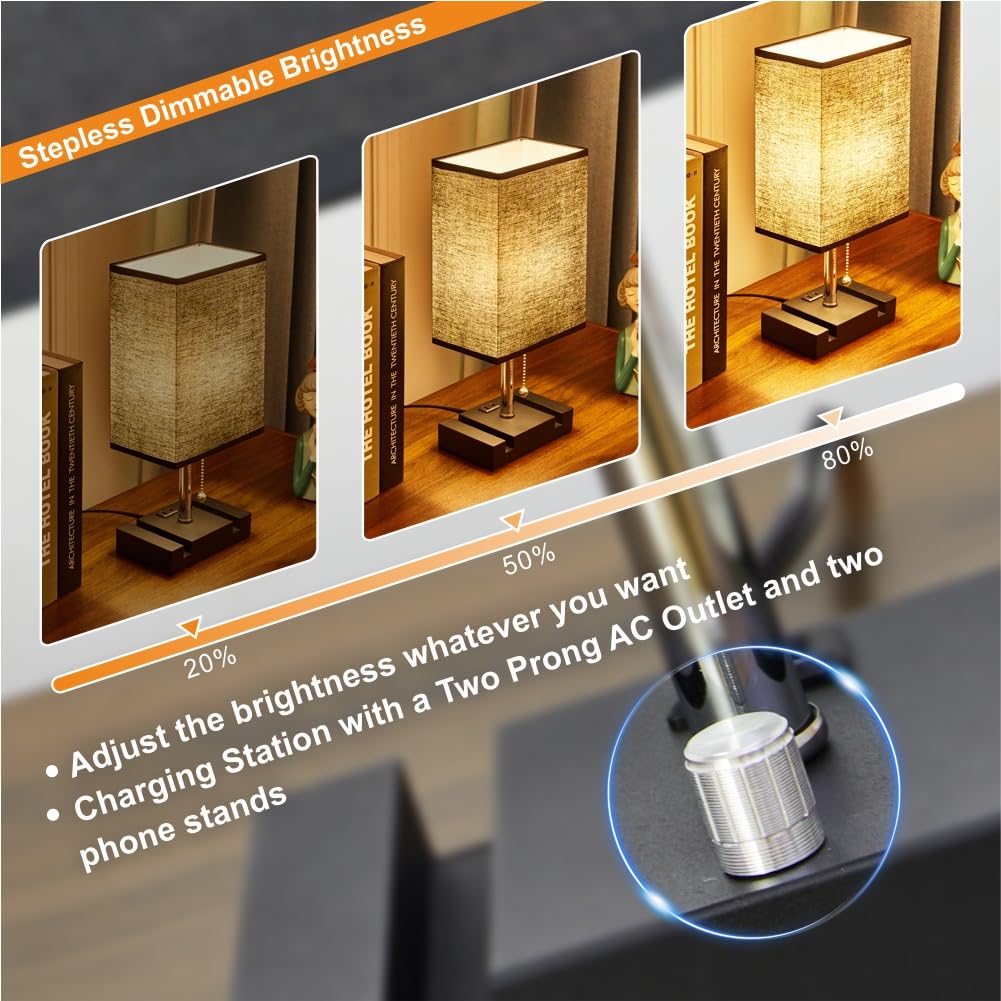Lifeholder Fully Dimmable Nightstand Lamp For Bedroom With Ac Outlet, Table Lamp With Two Phone Stands, Bedside Lamps, Desk Lamp For Bedroom, Living Room, Led Bulb Included Black