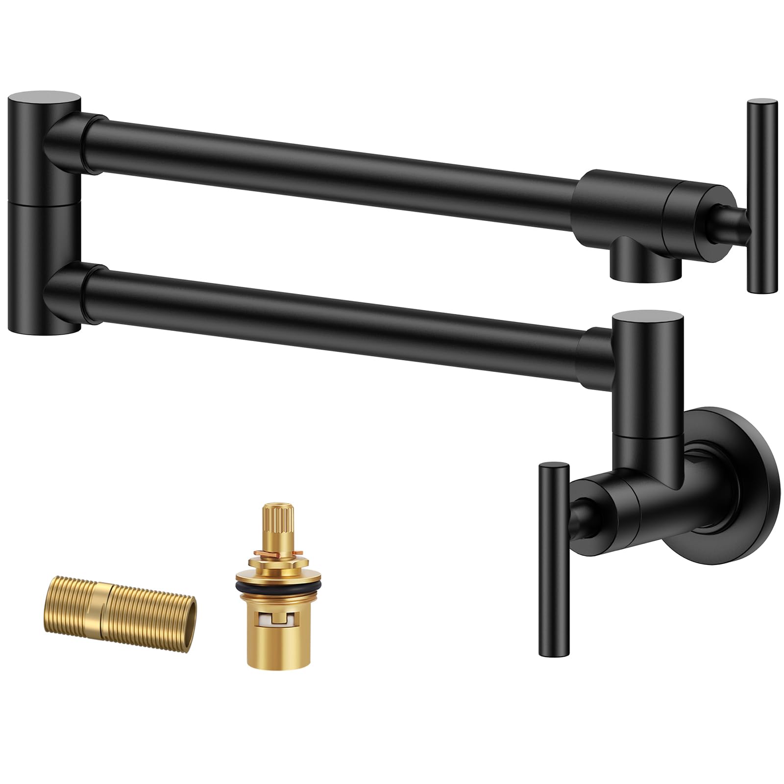 Forious Black Pot Filler Faucet Over Stove, Solid Brass Modern Wall Mount Commercial Folding Faucet With Stretchable Double Joint Swing Arms For Kitchen Restaurant