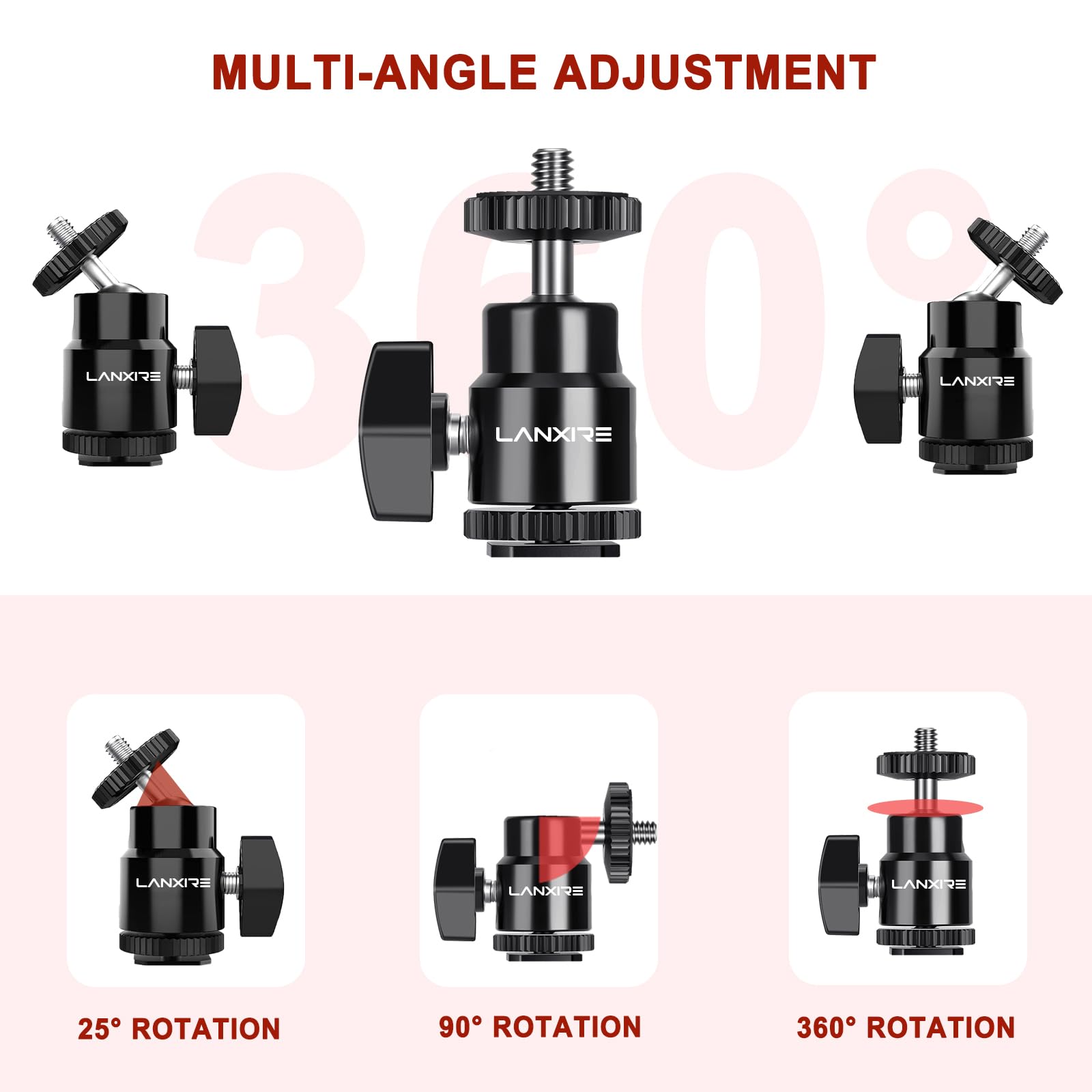 Lanxire Camera Hot Shoe Mount With 1/4" Screw And Ball Head Adapter - Compatible With Camera, Camcorder, Smartphone, Action Camera, Led Lights, Microphone - 2 Pack