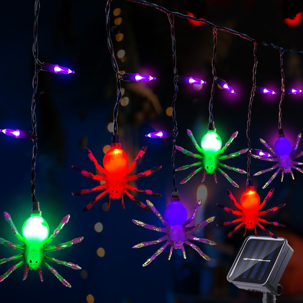 Smatols Solar Halloween Spider String Lights, 12Ft Decorations With 10 Spiders And 15 Purple Mini Lights, Curtain For Outdoor Window Patio Stair Decor