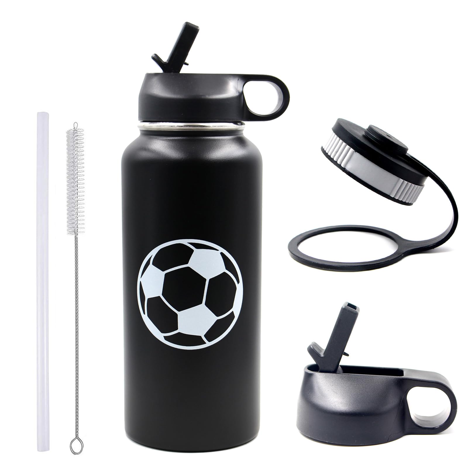 32Oz Soccer Water Bottle, Wide Mouth Sports Flask With 2 Lids Straw Lid And Flex Cap