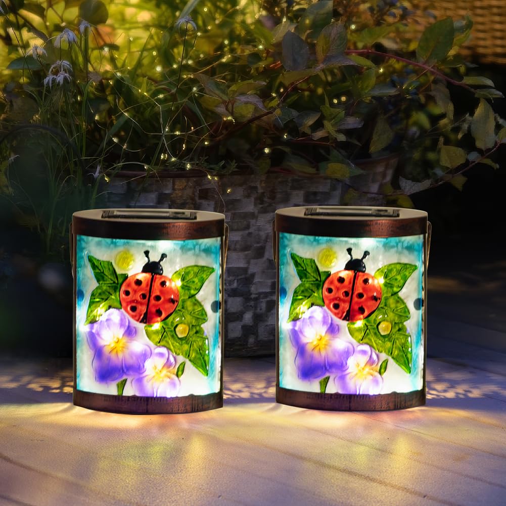 Starsoul 2 Pack Hanging Solar Lantern Outdoor Waterproof Glass Ladybug And Flowers Decorative Solar Lights For Outside Garden Yard Table Patio Decor