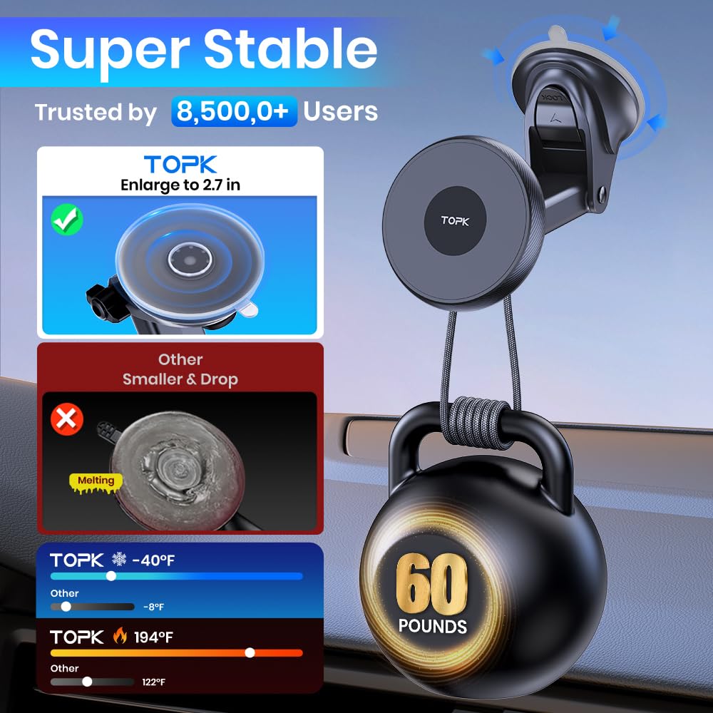 Topk Mag-Safe Car Phone Holder, Magnetic Phone Car Mount For Windshield And Dashboard, Strong Suction Adjustable Long Arm With Strongest Magnet, Car Cradle For Iphone 15/14/13/12 Series