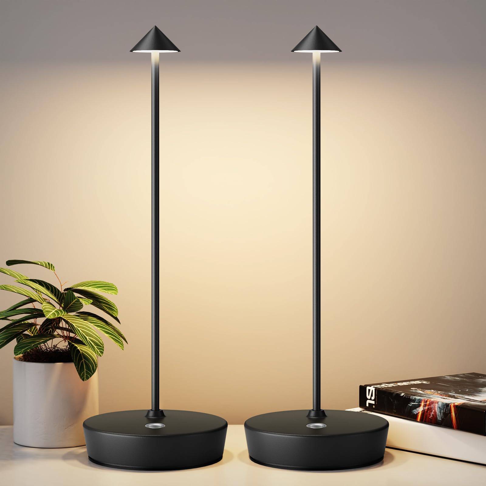 Yiben 2Pack Rechargeable Cordless Table Lamp, Portable Powered Led Battery 6000Mah Metal Usb Desk Lamp, 3 Levels Brightness Light For Restaurants Outdoor (2Pack Black)