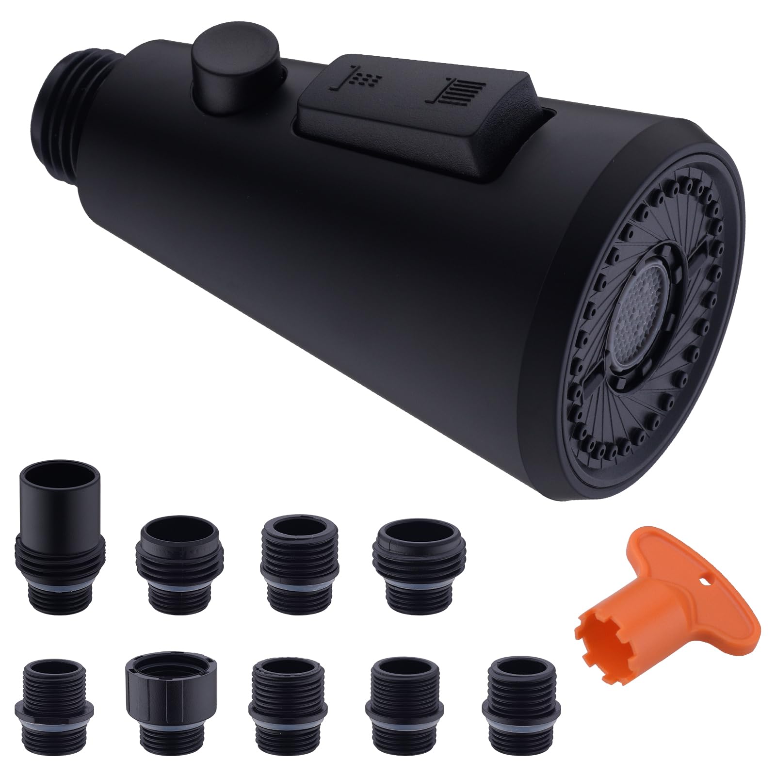 Clovermap Pull Down Kitchen Faucet Sprayer Head Replacement, 3 Mode Kitchen Tap Spray Spout Part Connector, Matte Black Pull Out Sink Spray Nozzle With 9 Adapters