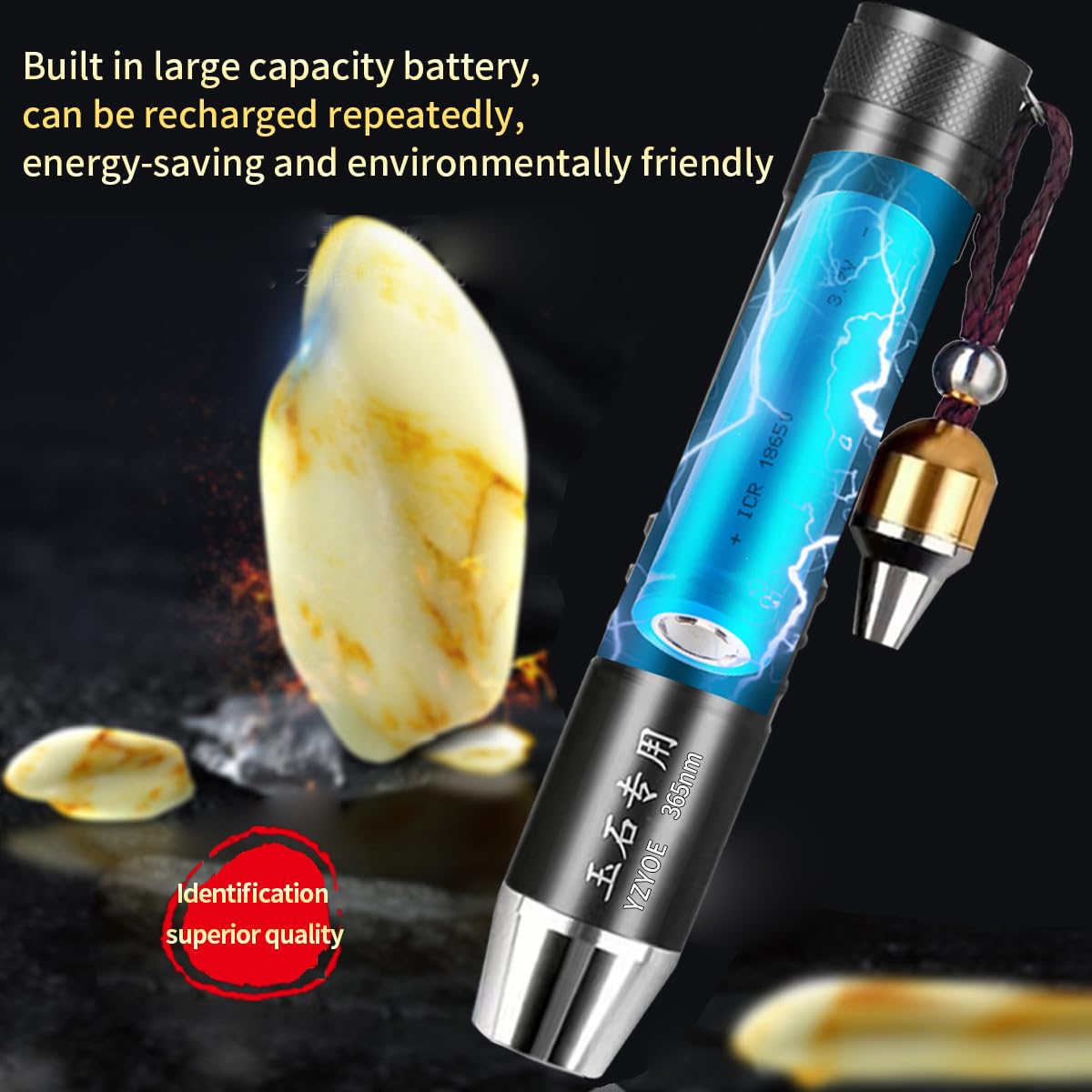 Yzyoe Led Three Light Sources Rechargeable Jade Appraisal Flashlight, Jewelry Identification Pen Lamp, Outdoor Crystal Gemstone Detection Light, 365Nm Ultraviolet Rays Detector.