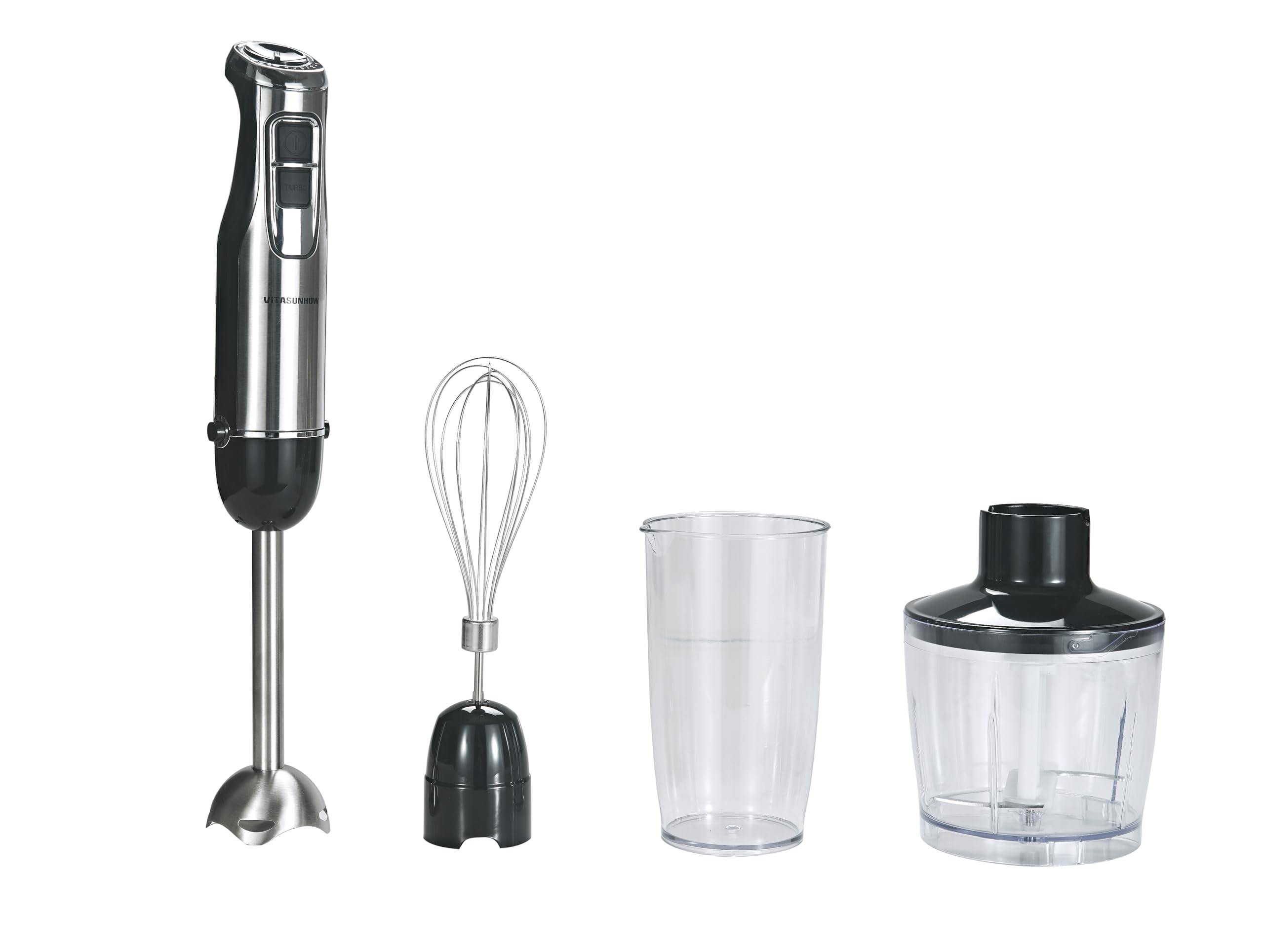 Vitasunhow Immersion Hand Blender, 4-In-1 Stainless Steel Handle Blender, 500W 6 Varible Speeds & Turbo, 600Ml Mixing Beaker,500Ml Food Processor, Whisk