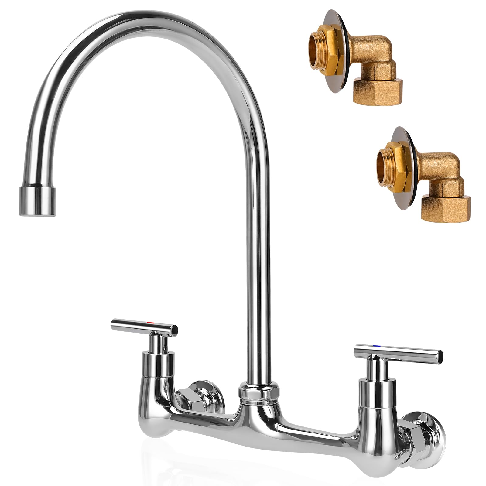 Tnroted Wall Mount Kitchen Faucet With 8" Gooseneck Swivel Spout, 8 Inch Center Commercial Kitchen Sink Faucet 2 Handle Wall Mount Utility Sink Faucet For Kitchen Restaurant Compartment Sink