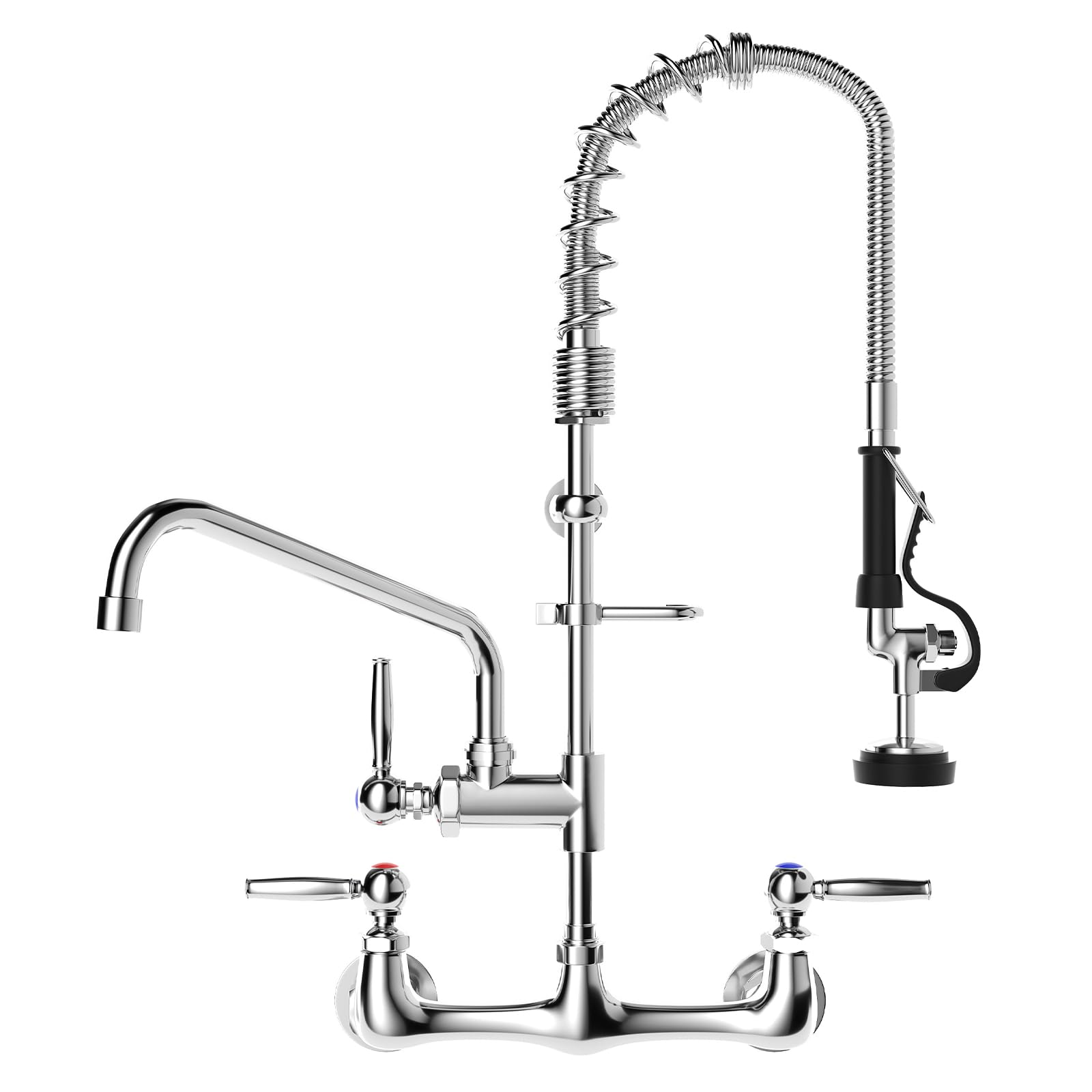 Nymeliu Commercial Faucet With Sprayer, 25'' Height Wall Mount Faucet, 8 Adjustable Center, 12'' Swing Spout, Pre Rinse Sprayer For Commercial Kitchen Compartment Sink, Chrome, Industrial