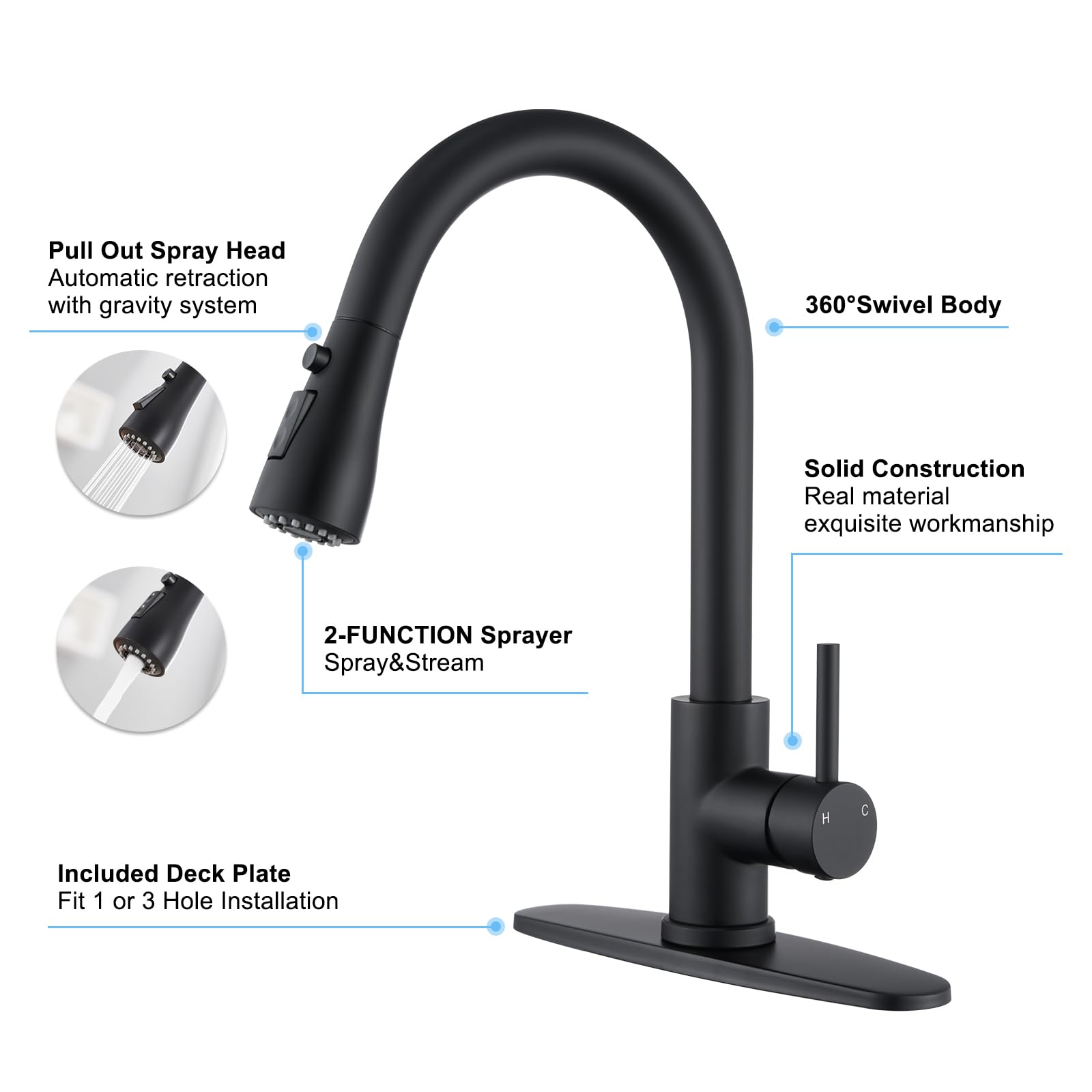 Aiodzlfd Matte Black Kitchen Faucets With Pull Down Sprayer, Kitchen Sink Faucet With Pull Out Sprayer - Effortlessly Achieve Efficient Kitchen Cleaning