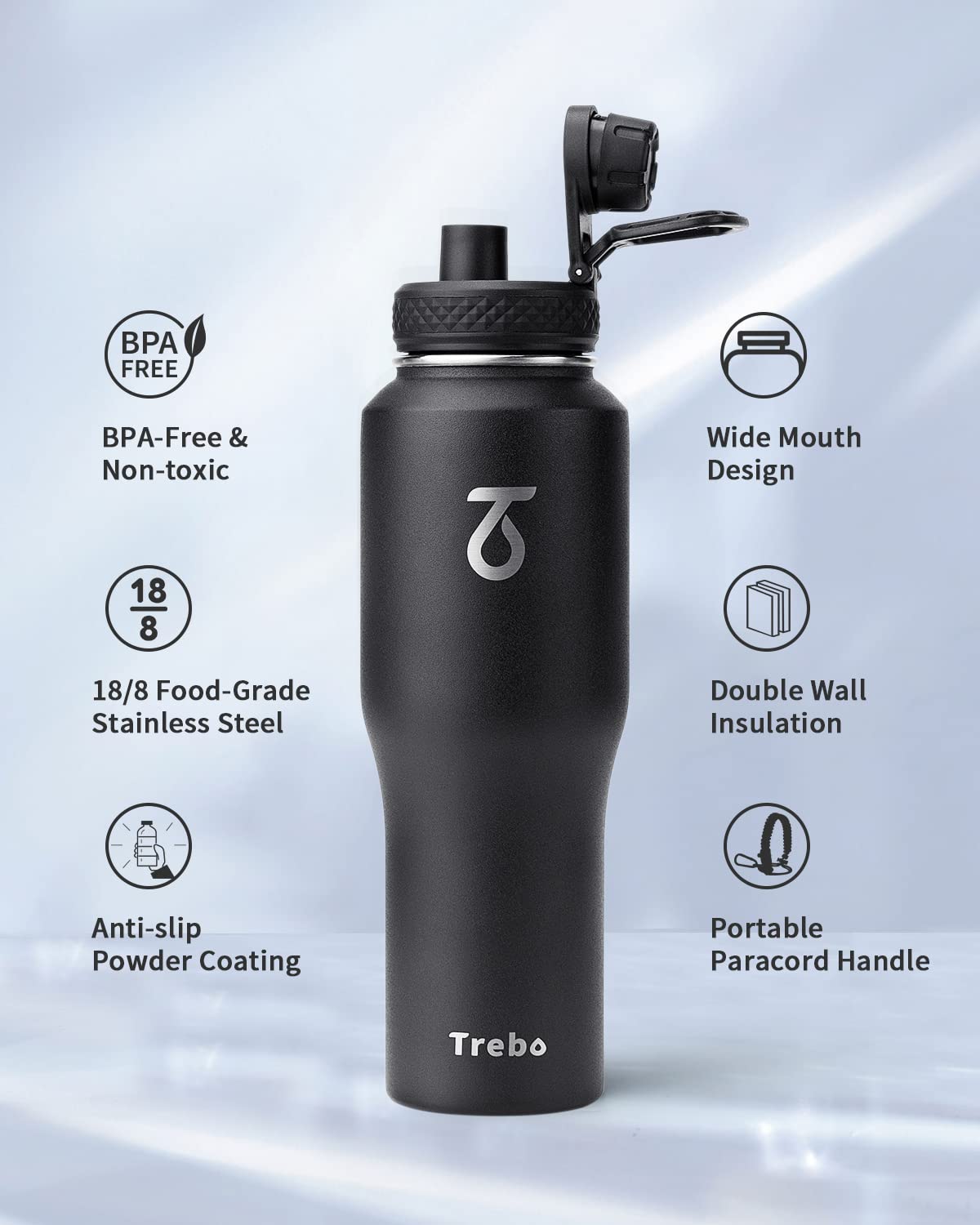 Trebo 32 Oz Water Bottle Insulated Fit In Any Car Cup Holder,Triple Wall Vacuum Stainless Steel