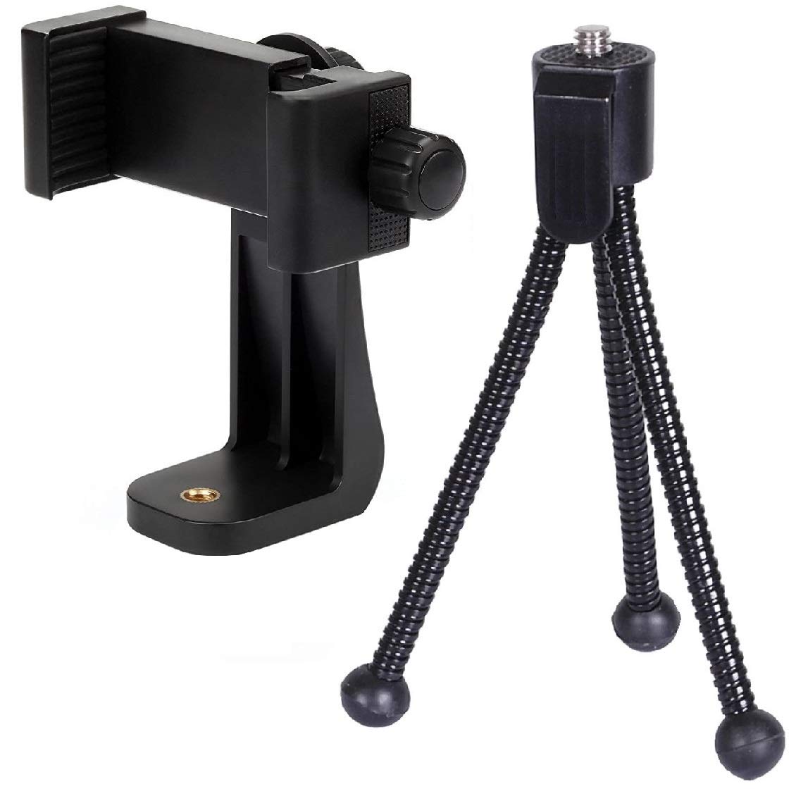 Alphx Innovations Alphx Universal Smartphone Tripod Cell Phone Holder Mount Adapter Set, Fits Iphone, Samsung, And All Phones, Rotates Vertical And Horizontal With Adjustable Clamp, Includes Mini Tripod