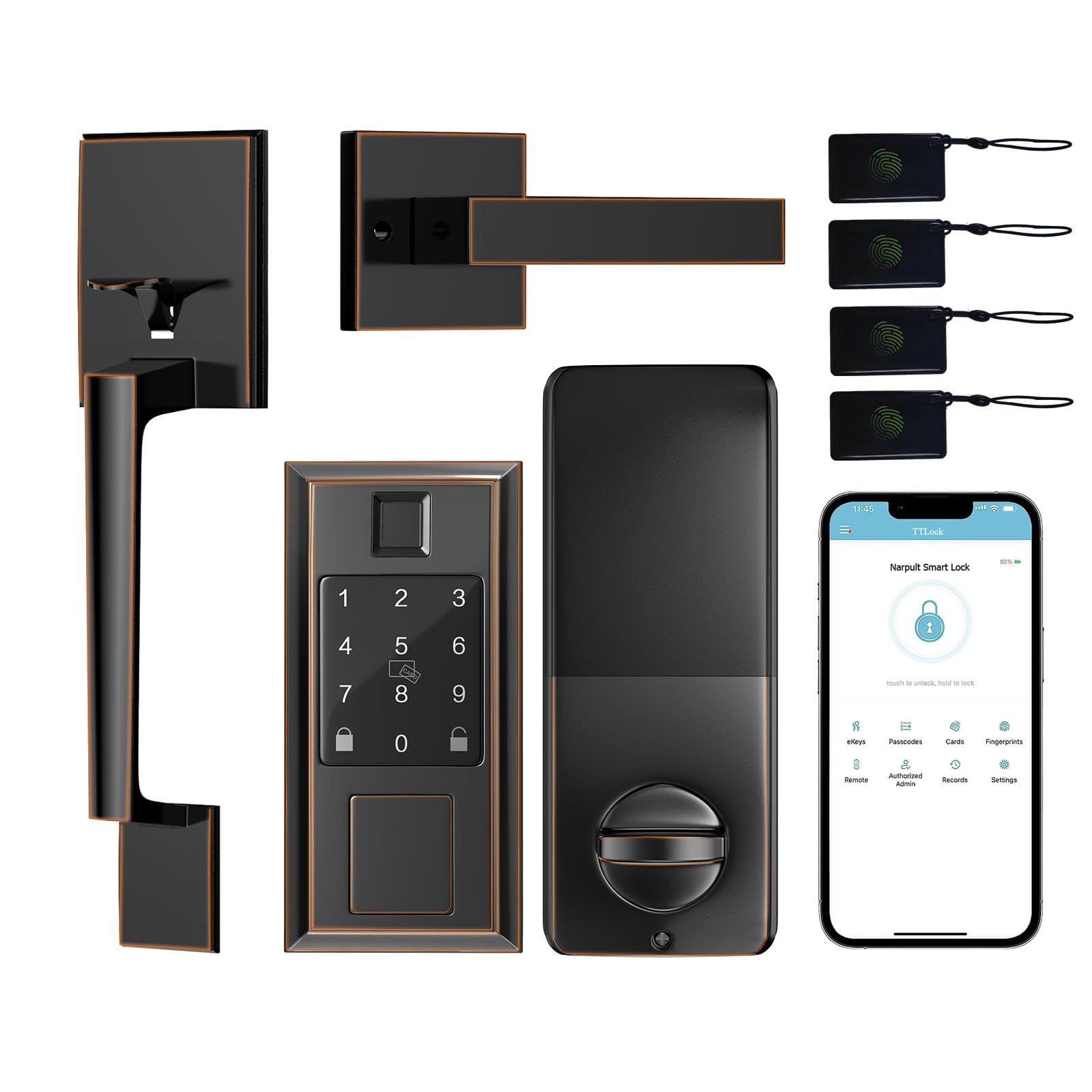Narpult Front Door Smart Lock Set, Keyless Entry Deadbolt And Handle Set, Fingerprint Electronic Door Lock, Via Bluetooth App/Wifi(Need Gateway) Control, Oil Rubbed Bronze, 2051Orbset