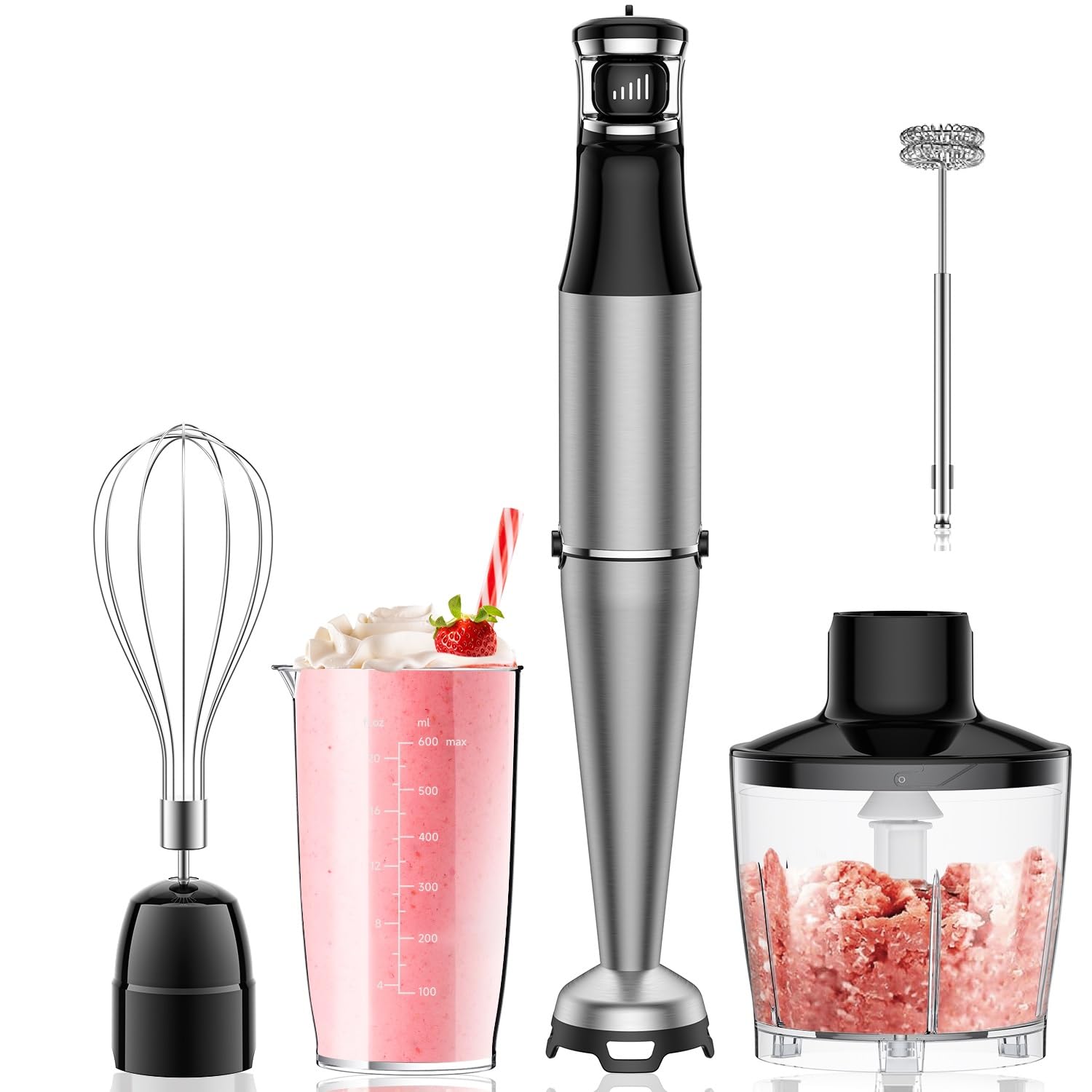 Uniqus 1000W 5-In-1 Immersion Hand Blender Infinitely Variable Speed Stainless Steel Emulsifier With Chopper, Breaker, Whisk, Milk Frother Soup, Smoothie Puree Maker
