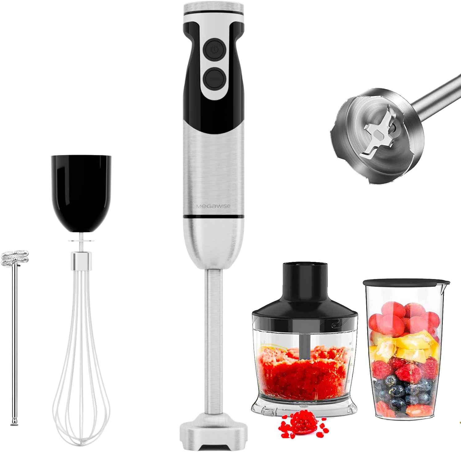 Megawise Blender Handheld 12-Speed Stainless Steel Electric Hand Blender, 5 In 1 Immersion Handheld Blender,Titanium Blades Hand Blender, Milk Frother Wand,With 600Ml Whisk Beaker And Chopper (Black)