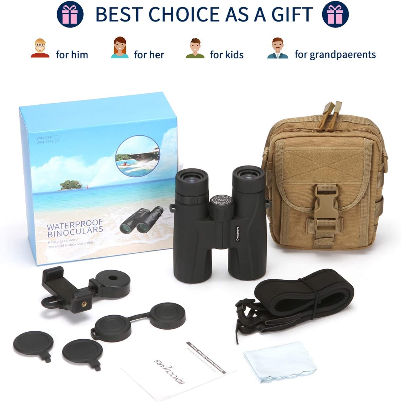 C-Eagleeye Ceagleeye10X42 Binoculars For Adults,Ipx7 Professional Waterproof And Anti-Fog With 23Mm Large Eyepiece Bak4 Lens,Binoculars For Travel Bird Watching Hunting Sports Extra Bag,Strap,Phone Adapter,Black