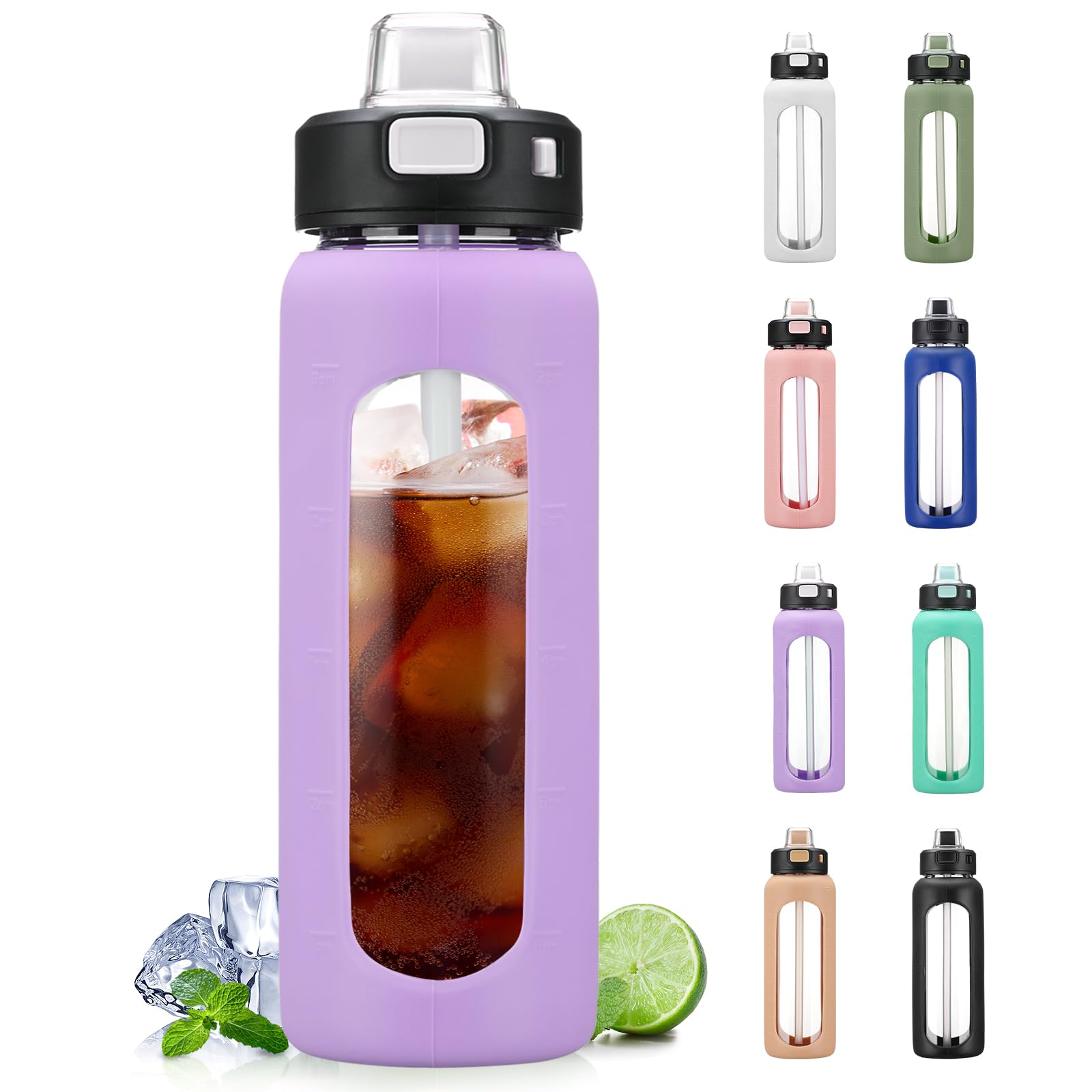 Bluego 24Oz Glass Water Bottle, Motivational Water Bottle With Time Marker And Straw, Water Bottles