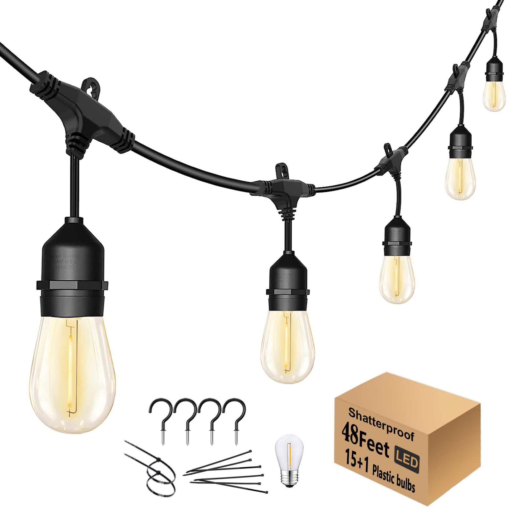 Skeerei 48Ft Outdoor String Lights - Led Heavy-Duty Waterproof Patio Lights With 16 Shatterproof Plastic 2200K Warm White Bulbs For Patio, Gazebo, Pergola, Cafe, Market, Bistro