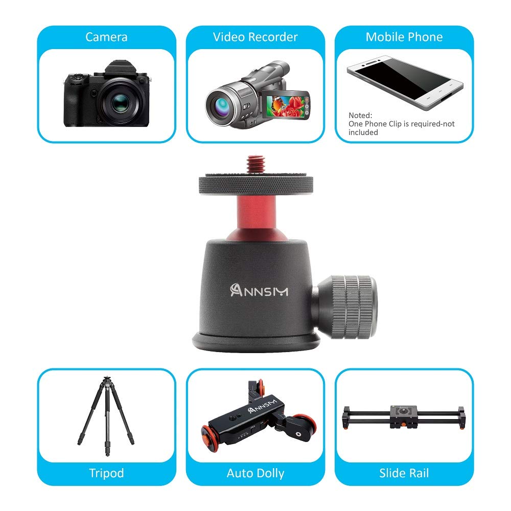 Annsm Tripod Ball Head 360° Panoramic And 135° Tilt Rotatable With 1/4” Screw Thread And Volume Locking Knob For Dslr Cameras/Tripods/Monopods/Camera Slider Track/Camera Dolly Slider
