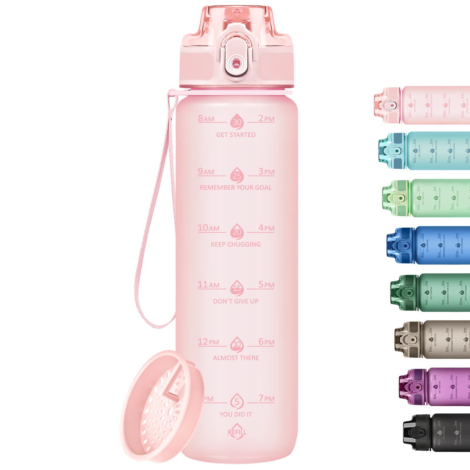 32Oz Motivational Water Bottles With Time Marker & Fruit Strainer, Single Color Water Bottle