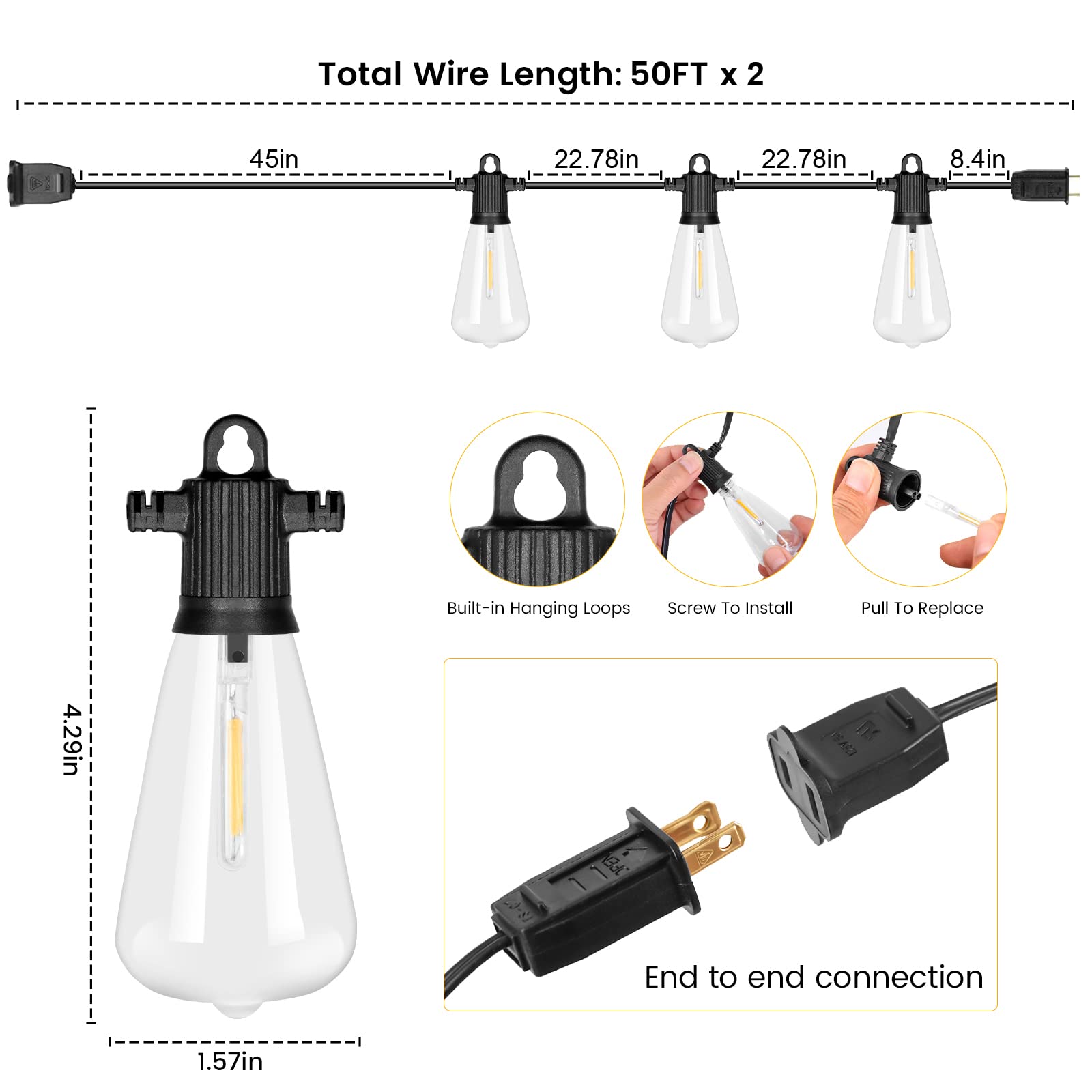 Zuske 100Ft Outdoor String Lights, Led Patio Lights With 50+3 St38 Vintage Edison Shatterproof Bulbs, Ip65 Weatherproof Outside Hanging Lights For Backyard Bistro Cafe Garden(50Ftx2)