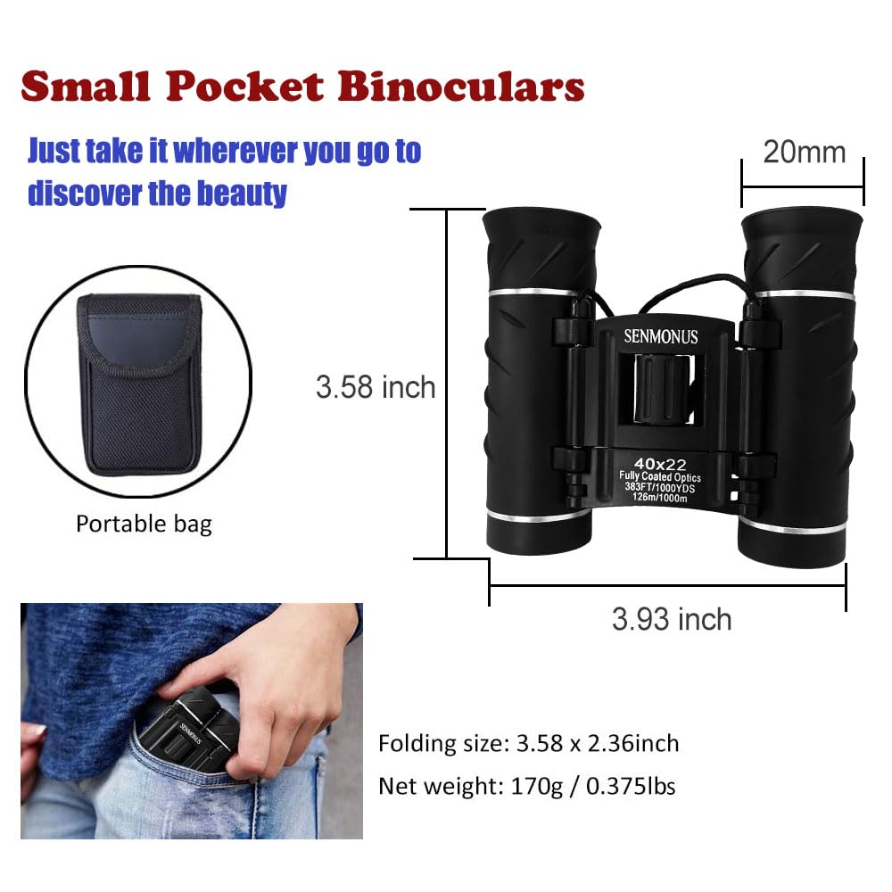 Senmonus 40X22 Compact Small Binoculars For Adults And Kids, Lightweight Pocket Binoculars For Bird Watching, Travel, Concerts, Sports, Camping And Hiking With Weak Light Night Vision (Bak4 Prism Fmc Lens)