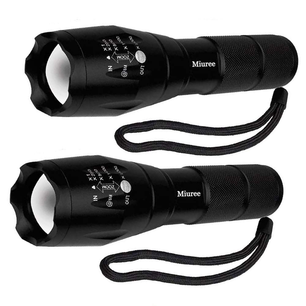 Miuree 2 Pack Tactical Led Flashlight Military Grade 2000 Lumens 5 Mode Zoomable Flashlights For Hurricane Emergency