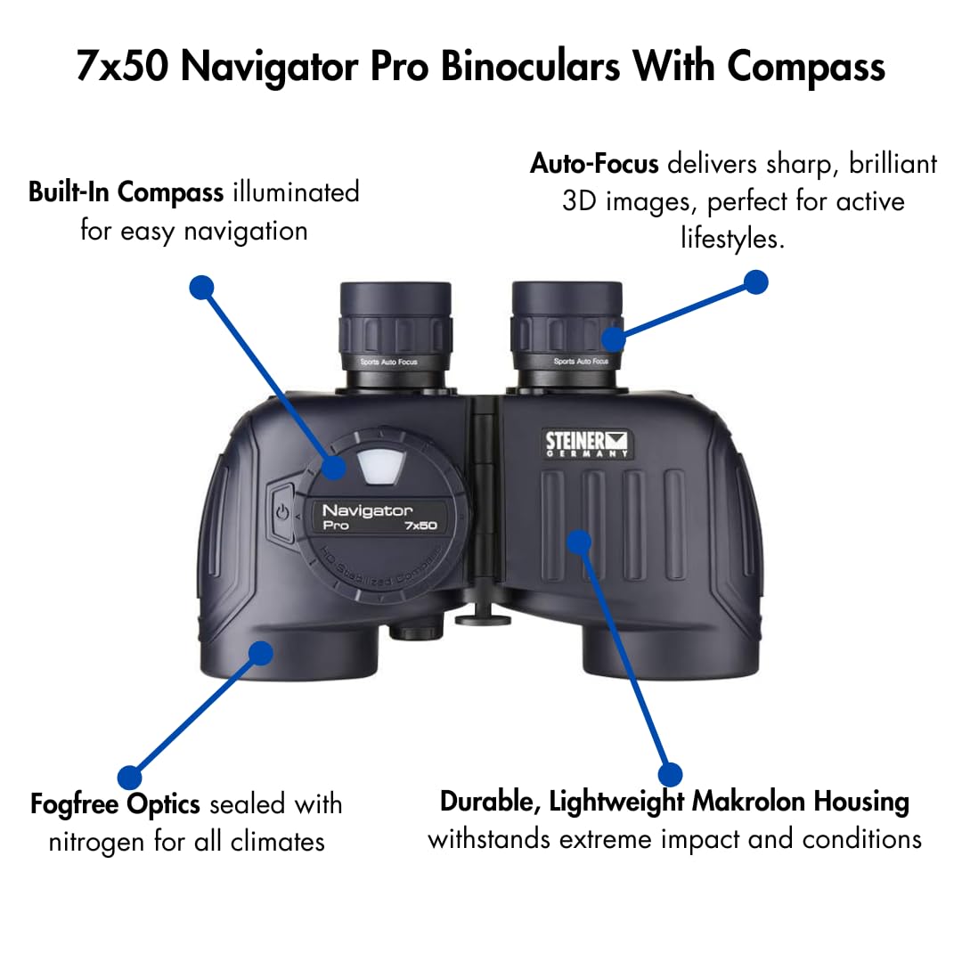 Steiner 7X50 Navigator Pro Binoculars With 7X Magnification, High Contrast Optics, Floating Prism System, Sports-Auto Focus, Delivers Excellent Image Clarity, With Compass